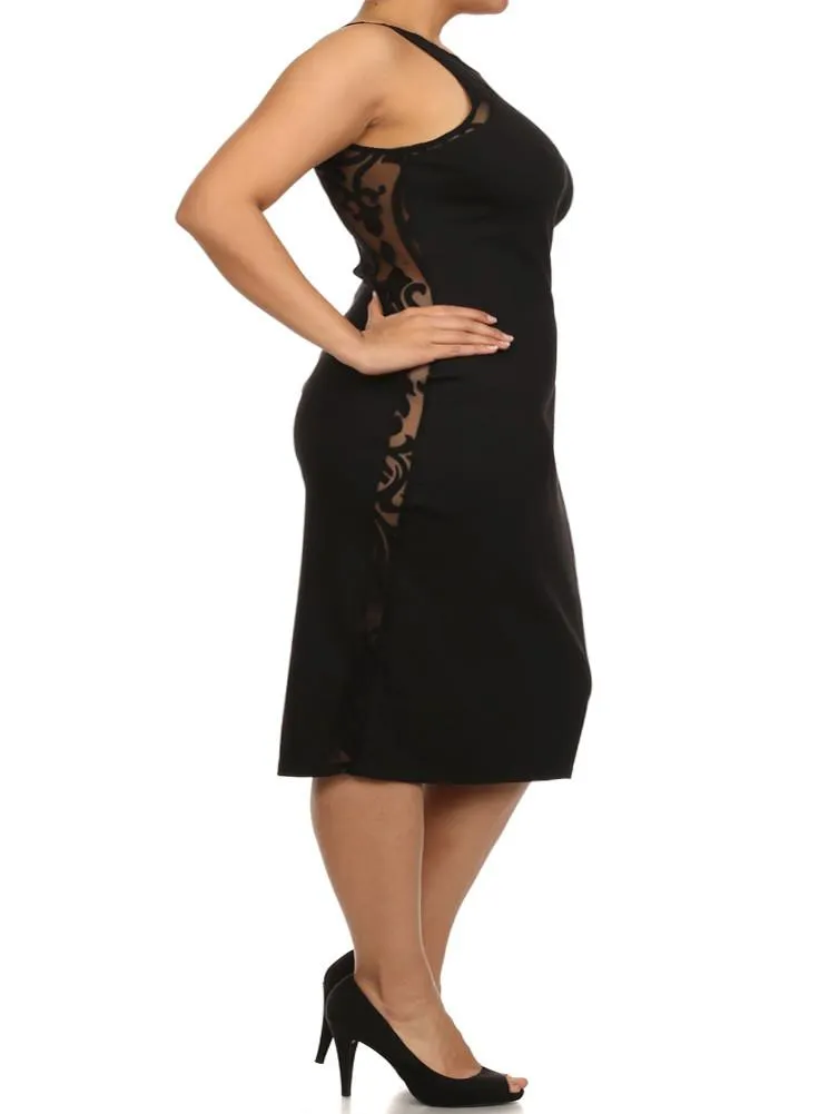 Plus Size Graceful Victorian Print Mesh Black Midi Dress