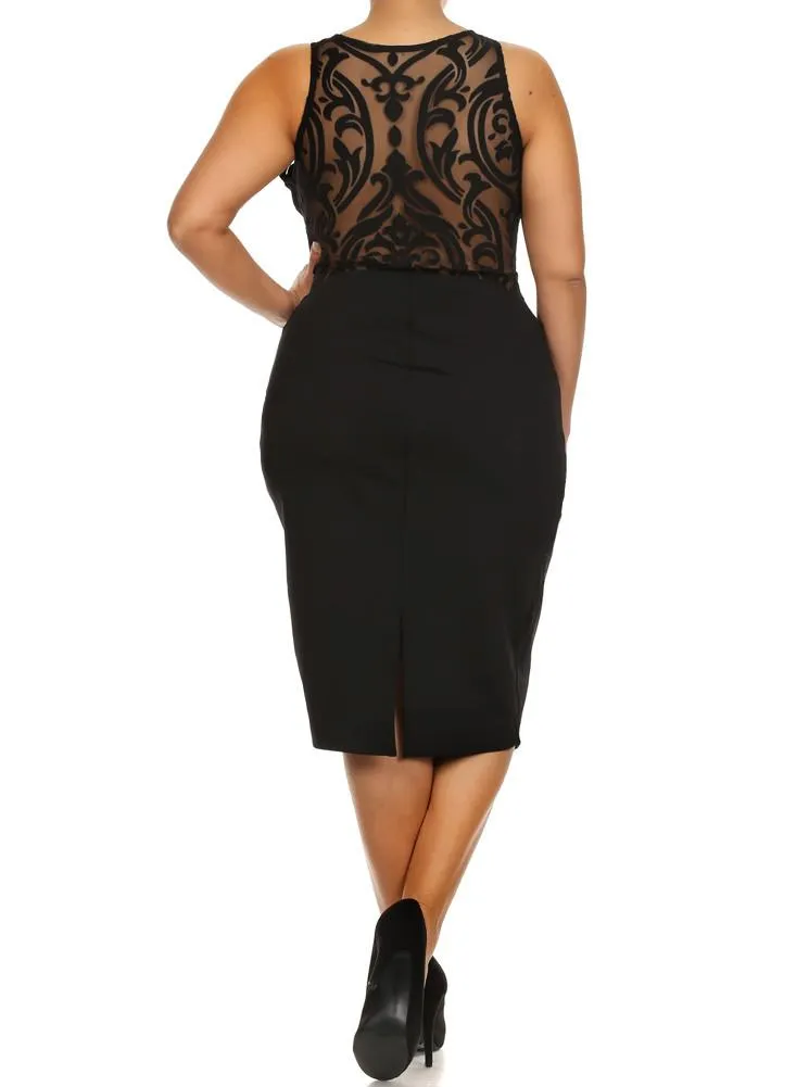 Plus Size Graceful Victorian Print Mesh Black Midi Dress