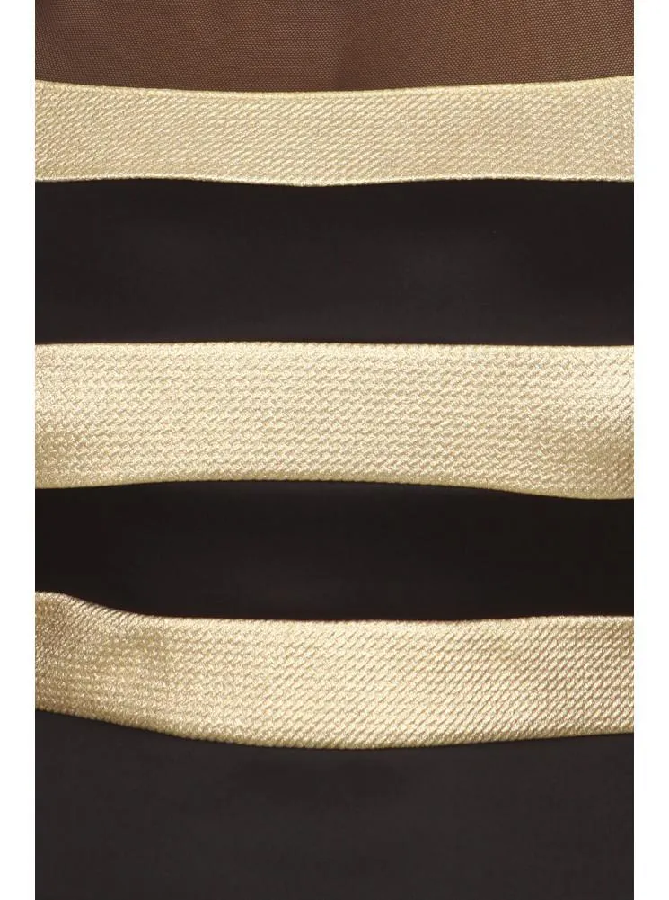 Plus Size Metallic Gold Striped Mesh Midi Dress