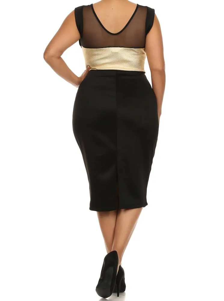 Plus Size Metallic Gold Striped Mesh Midi Dress