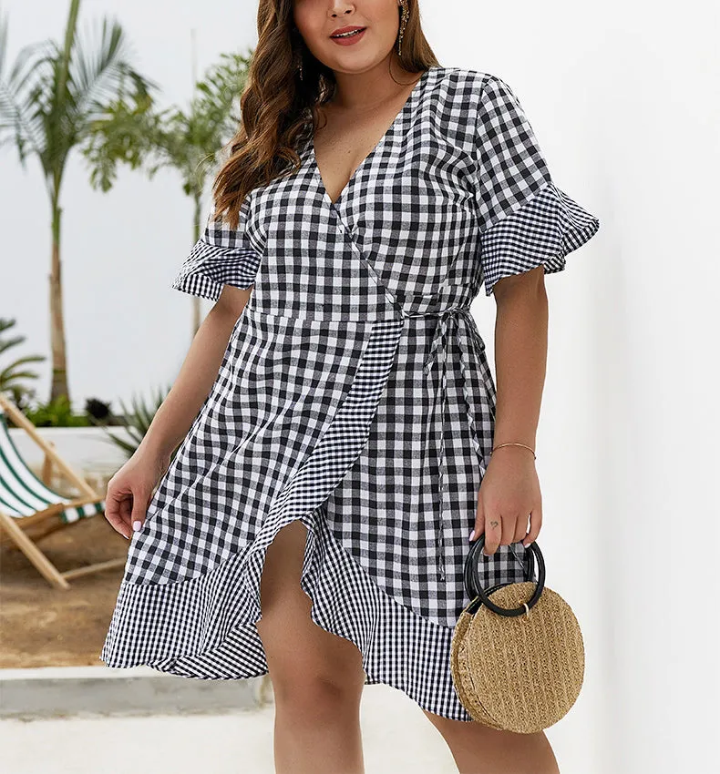 Plus Size New Plaid Five-point Sleeve Ruffled Dress