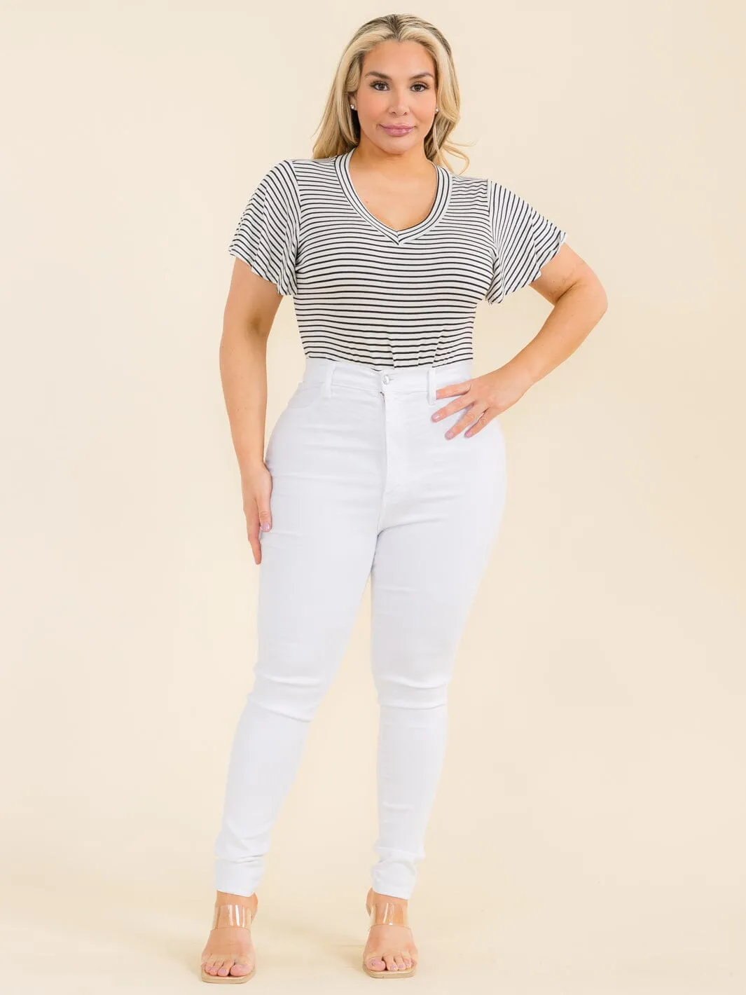 PLUS SIZE SHORT SLEEVE V-NECK STRIPES BODYSUIT