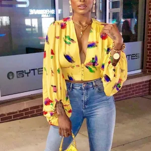 Print V-Neck Long Puff Sleeve Top