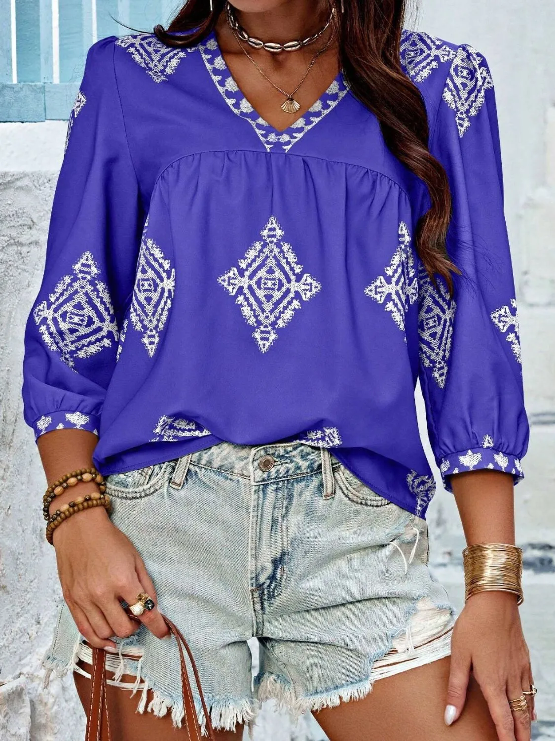 Printed V-Neck Three-Quarter Sleeve Blouse (6 Colors)