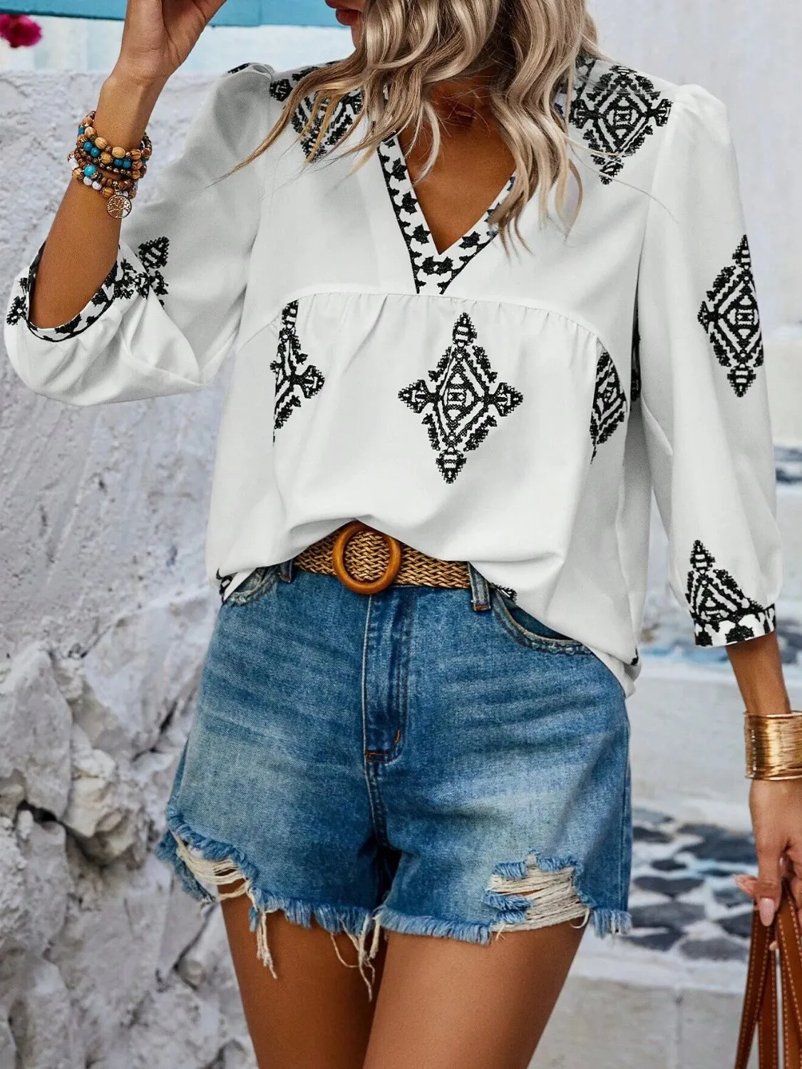Printed V-Neck Three-Quarter Sleeve Blouse (6 Colors)