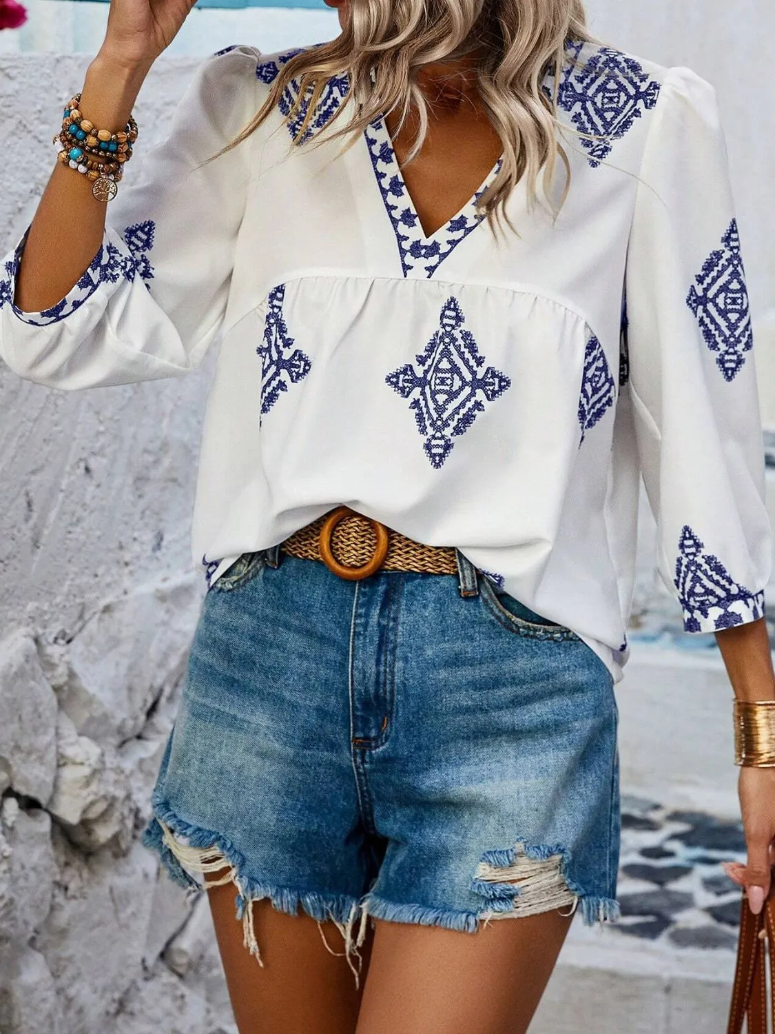 Printed V-Neck Three-Quarter Sleeve Blouse (6 Colors)