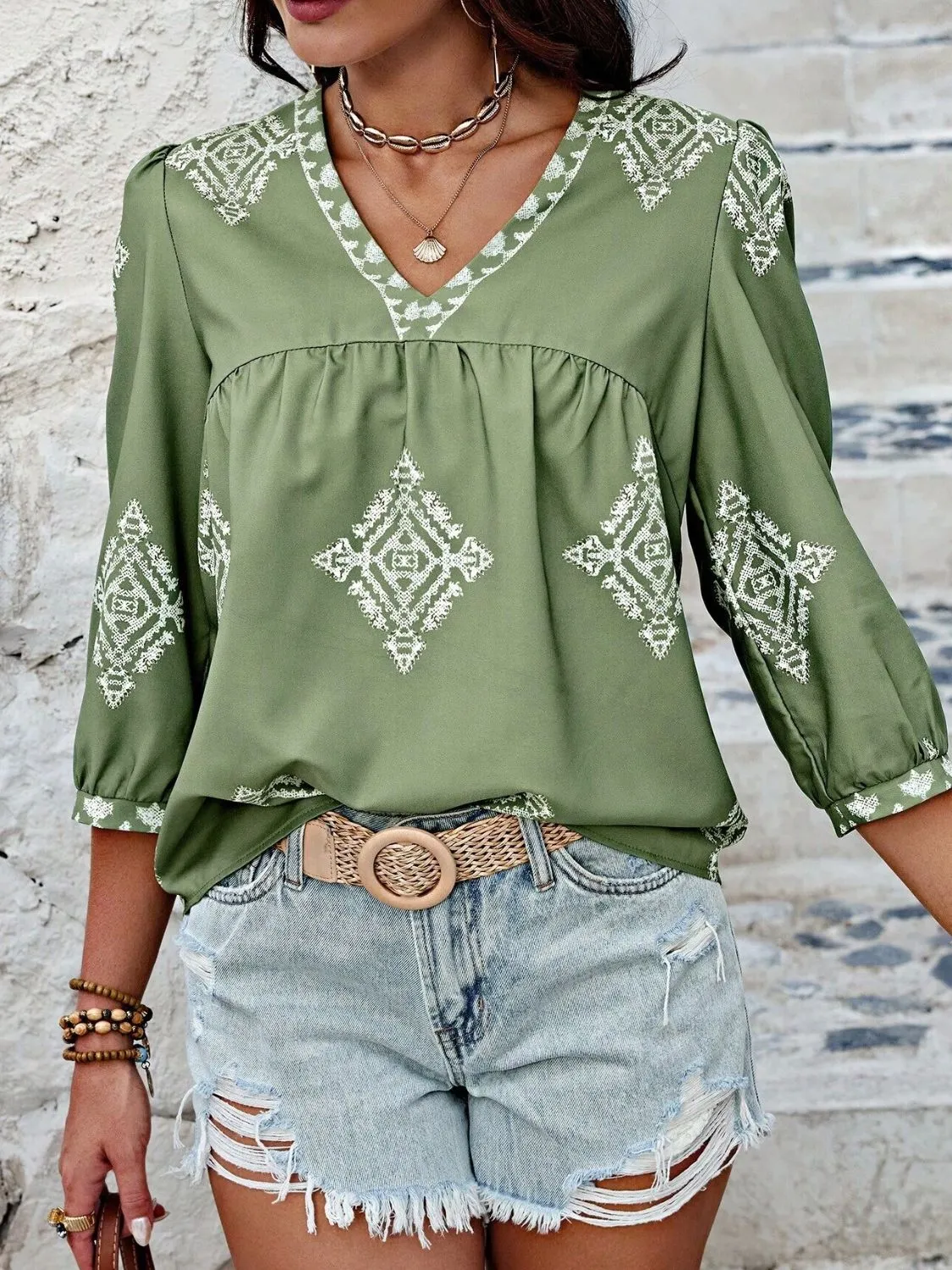 Printed V-Neck Three-Quarter Sleeve Blouse (6 Colors)