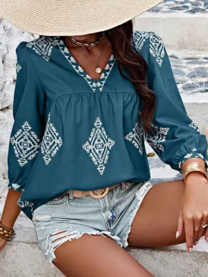 Printed V-Neck Three-Quarter Sleeve Blouse (6 Colors)