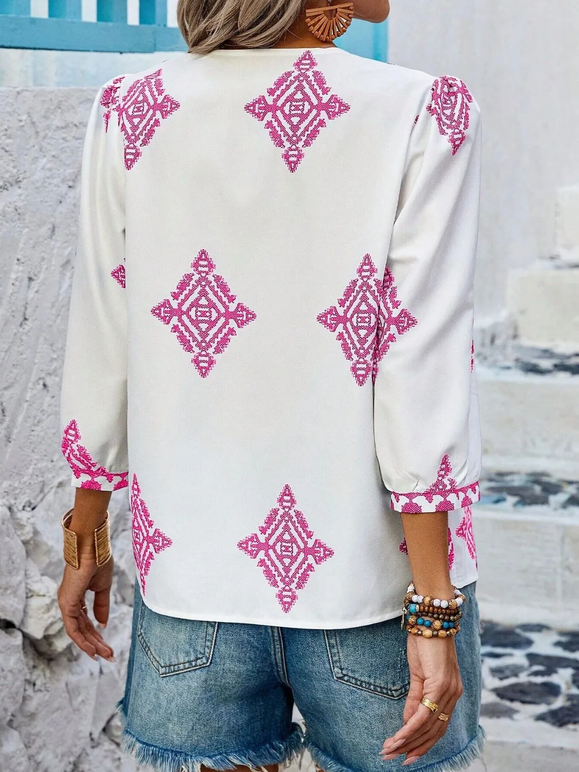 Printed V-Neck Three-Quarter Sleeve Blouse (6 Colors)