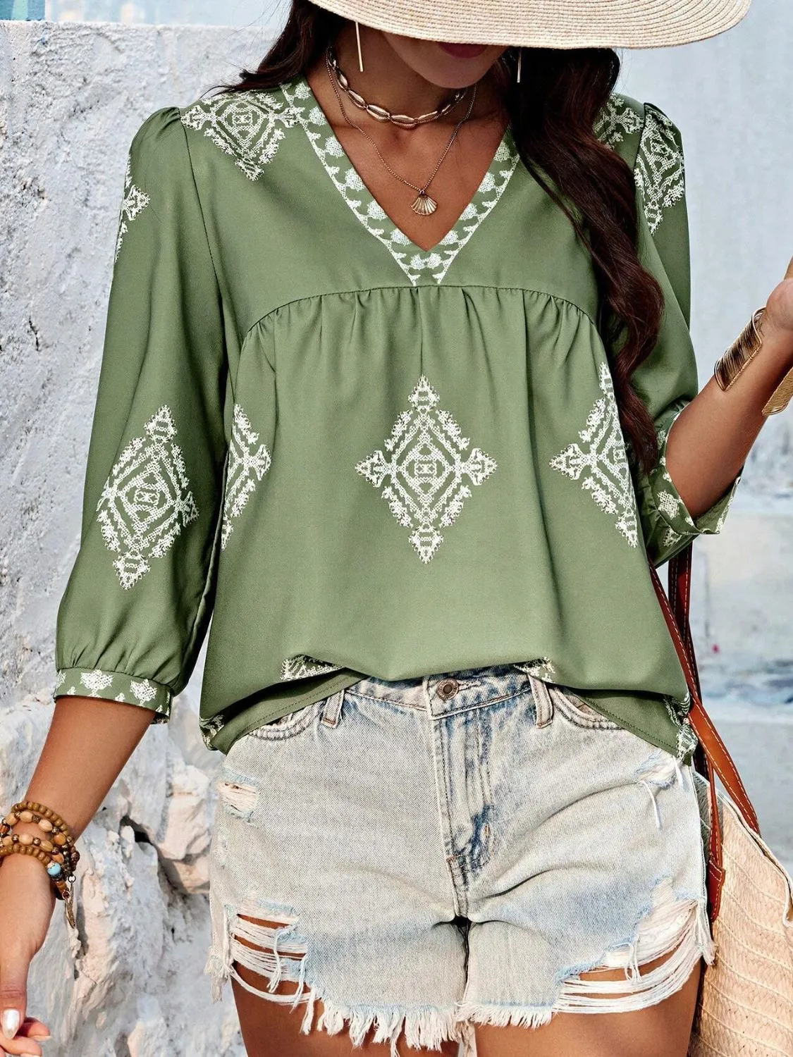 Printed V-Neck Three-Quarter Sleeve Blouse (6 Colors)