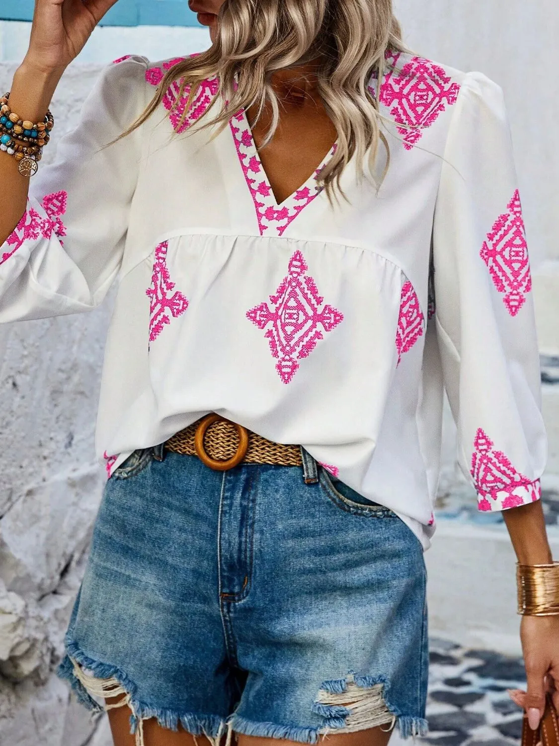 Printed V-Neck Three-Quarter Sleeve Blouse (6 Colors)