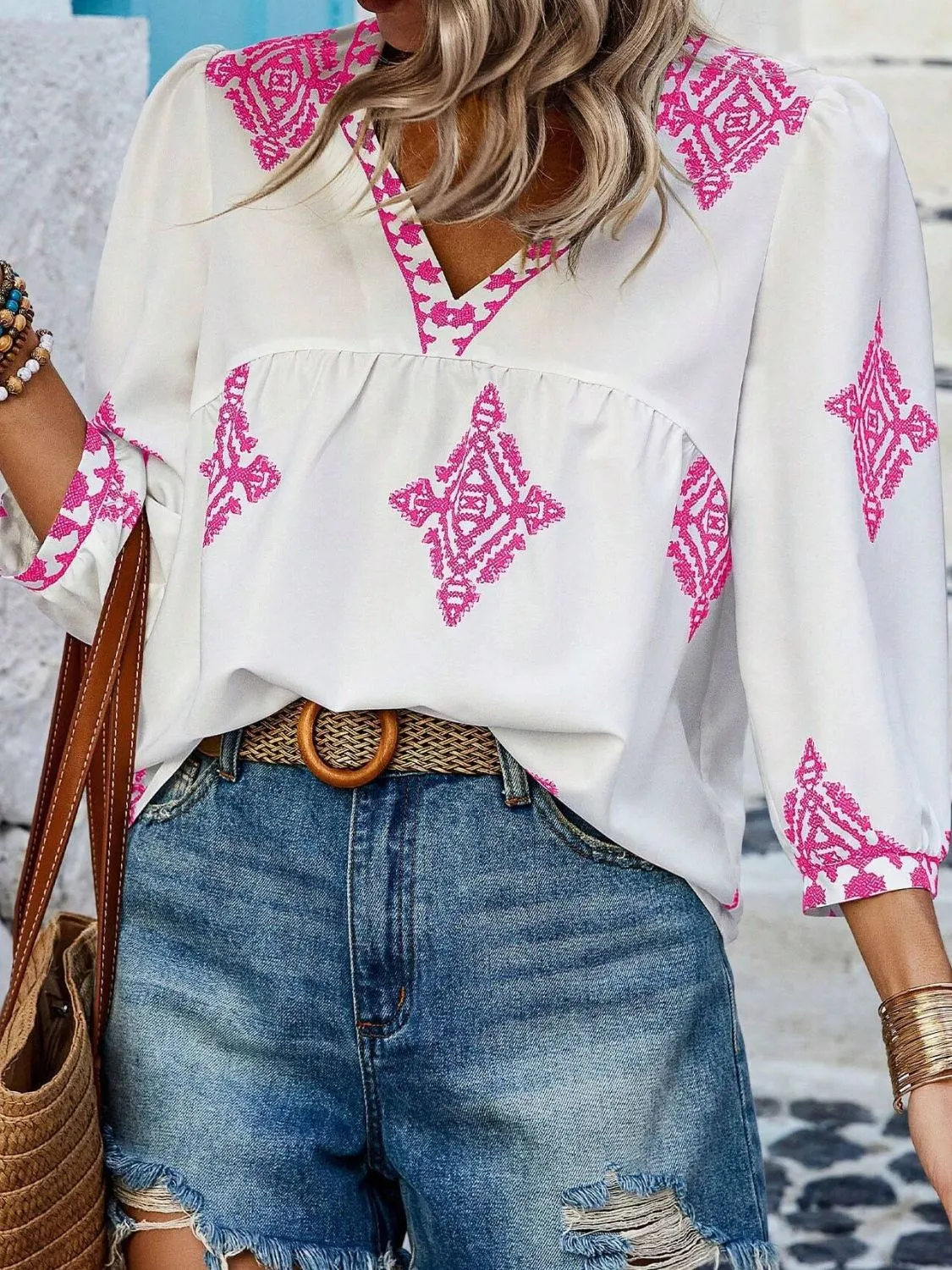 Printed V-Neck Three-Quarter Sleeve Blouse (6 Colors)