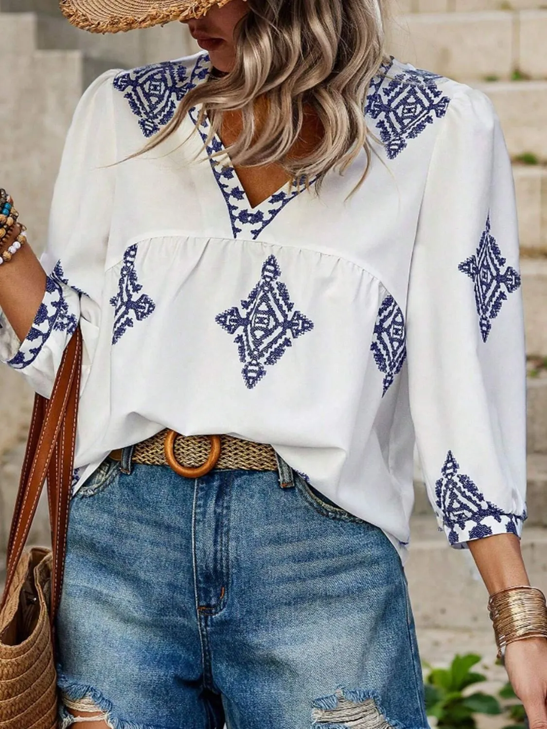 Printed V-Neck Three-Quarter Sleeve Blouse (6 Colors)