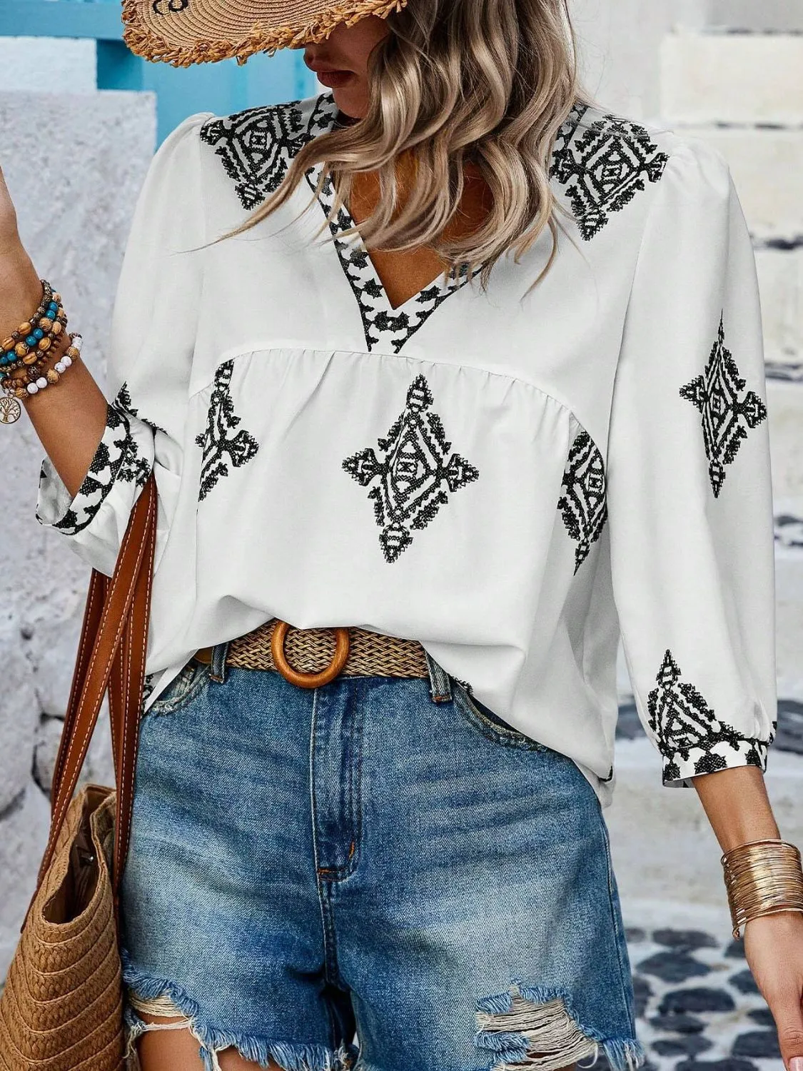 Printed V-Neck Three-Quarter Sleeve Blouse (6 Colors)