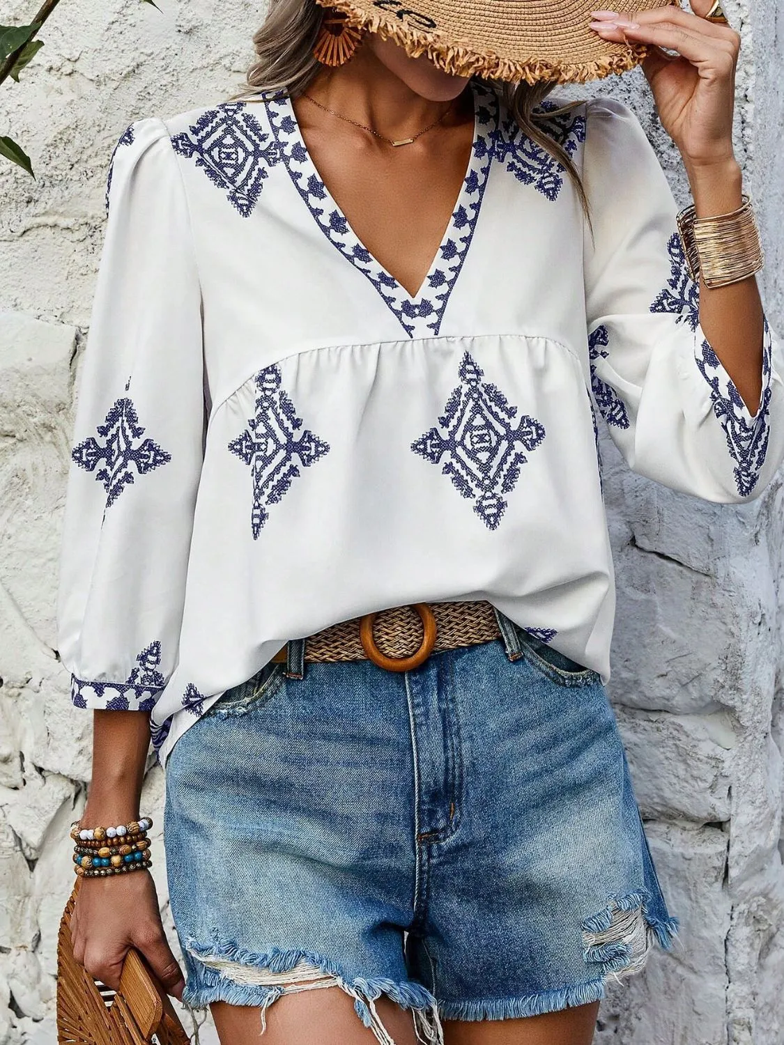 Printed V-Neck Three-Quarter Sleeve Blouse (6 Colors)