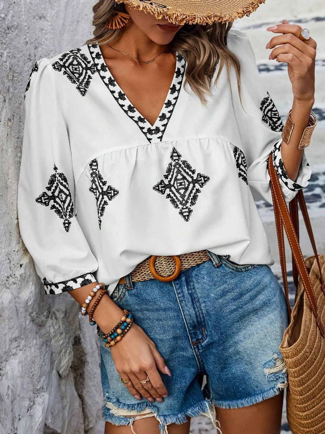 Printed V-Neck Three-Quarter Sleeve Blouse (6 Colors)