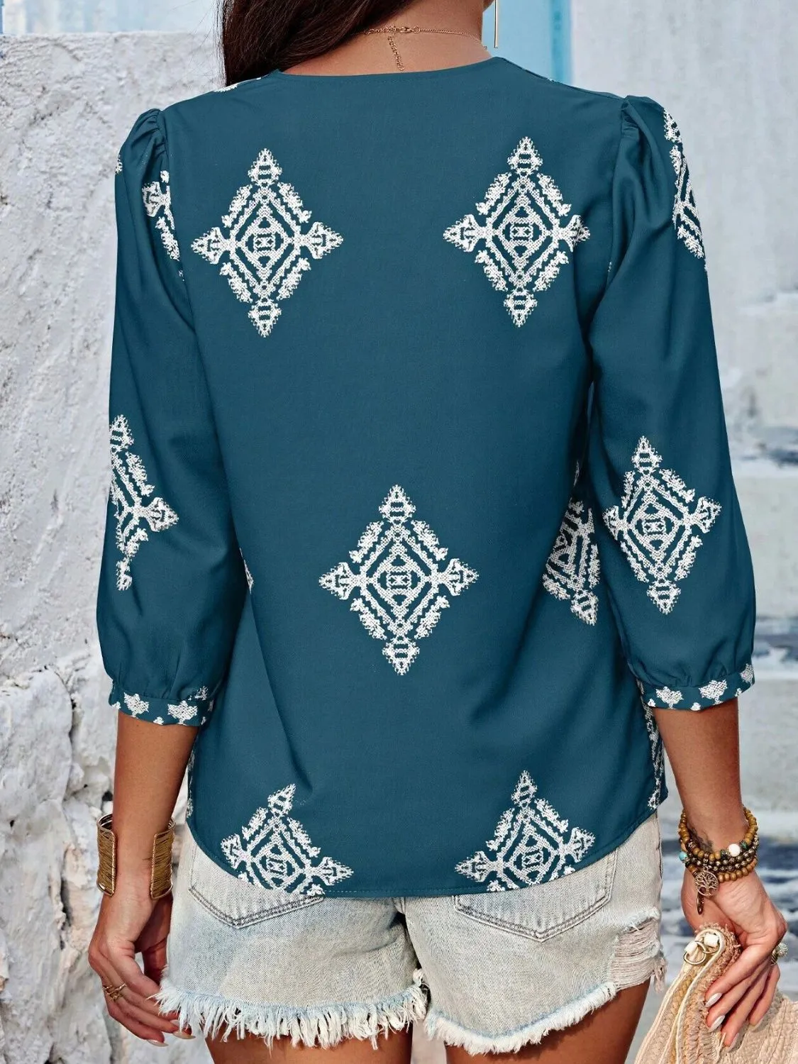 Printed V-Neck Three-Quarter Sleeve Blouse (6 Colors)
