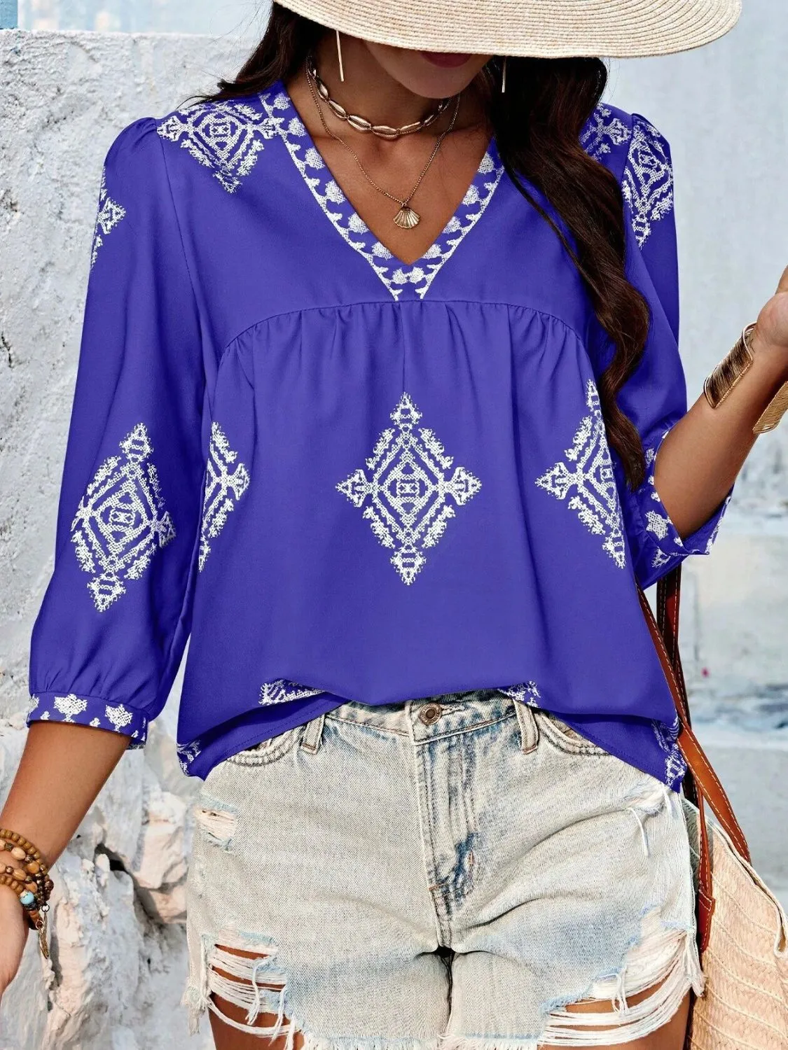 Printed V-Neck Three-Quarter Sleeve Blouse (6 Colors)