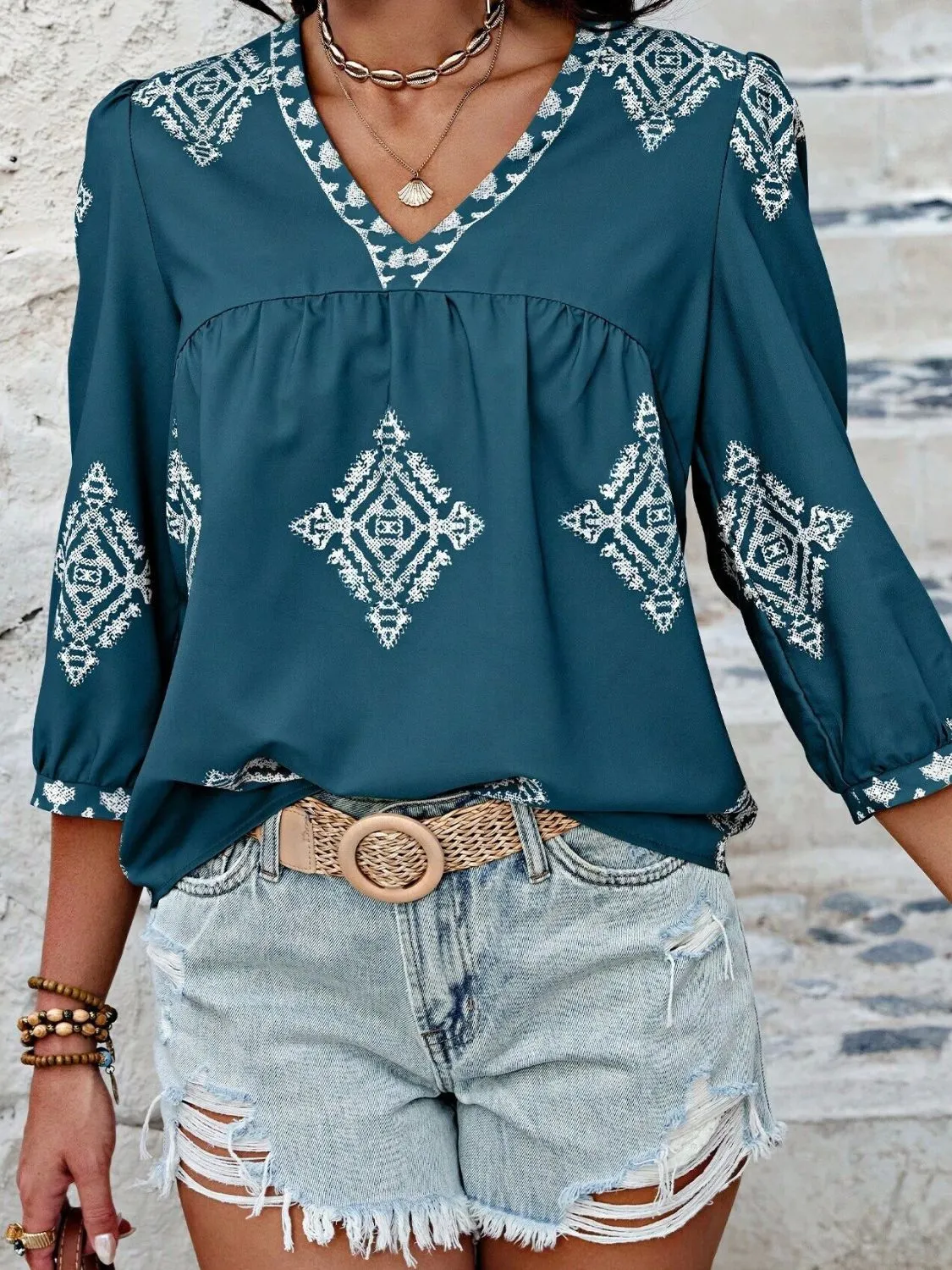 Printed V-Neck Three-Quarter Sleeve Blouse (6 Colors)