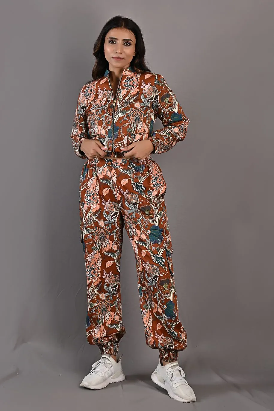 Prunella - Maroon & Multi Printed Bomber Jacket and Pants Set