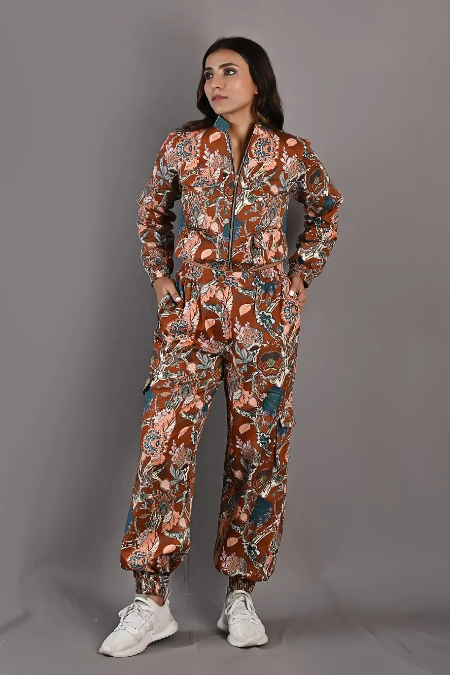Prunella - Maroon & Multi Printed Bomber Jacket and Pants Set
