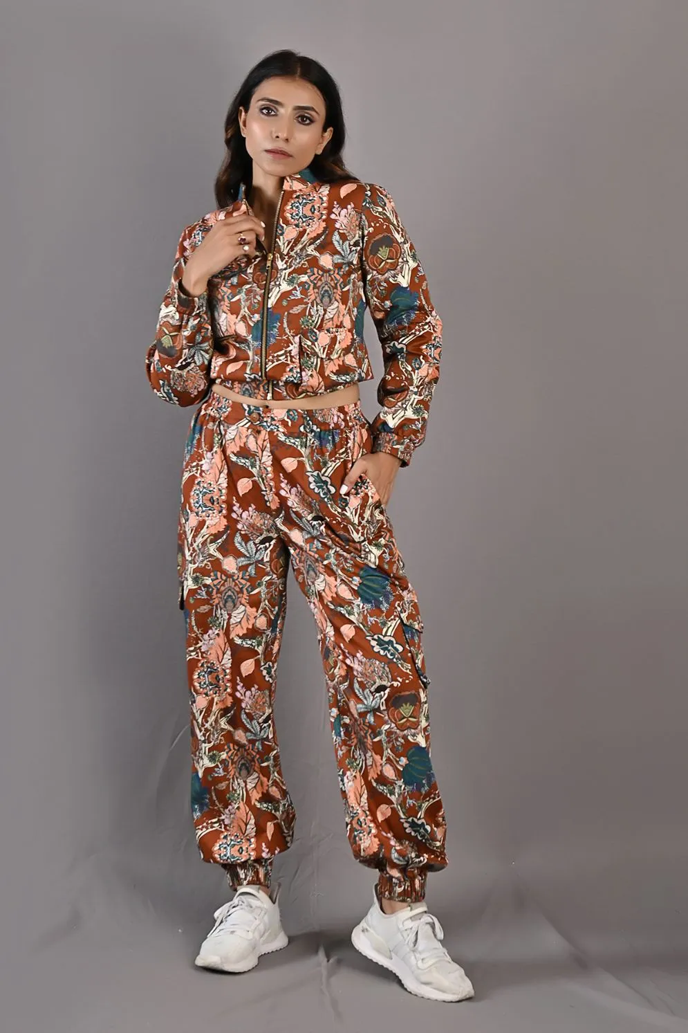 Prunella - Maroon & Multi Printed Bomber Jacket and Pants Set