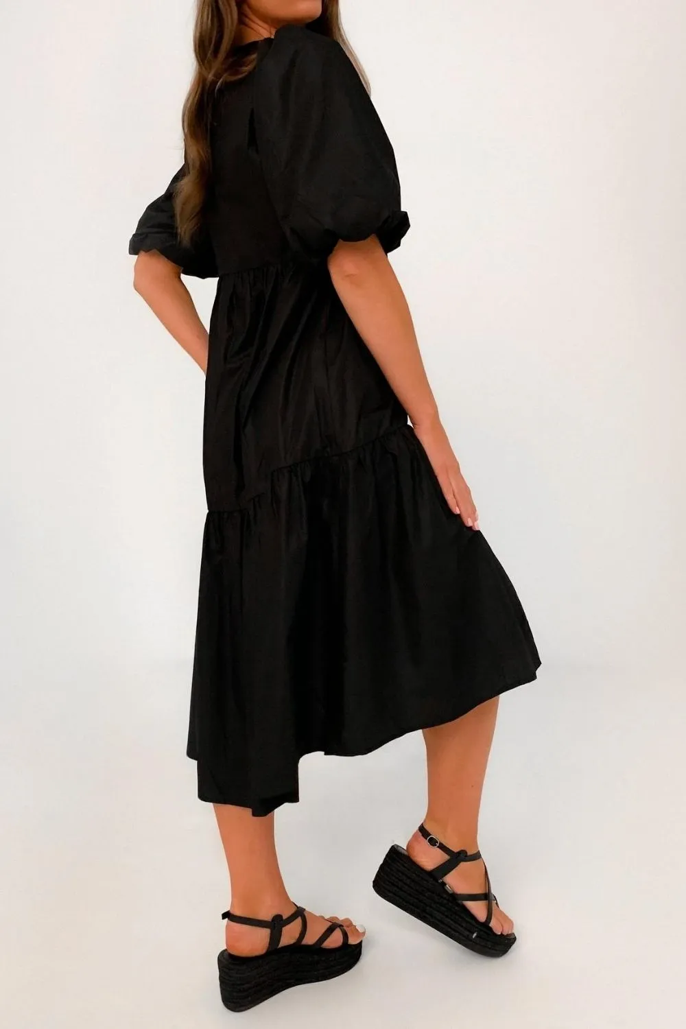 Puff Sleeved Black Ruffle Midi Dress