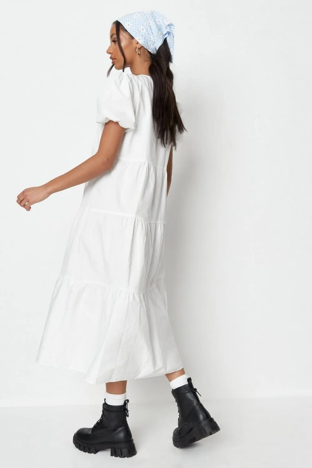 Puff Sleeved White Ruffle Midi Dress