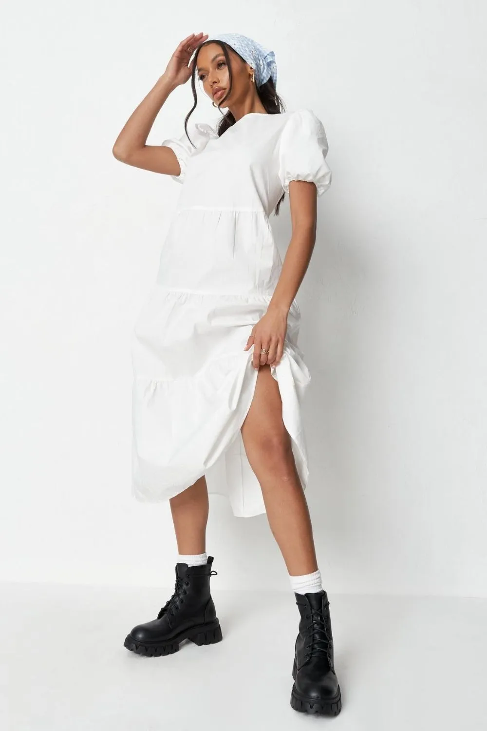 Puff Sleeved White Ruffle Midi Dress