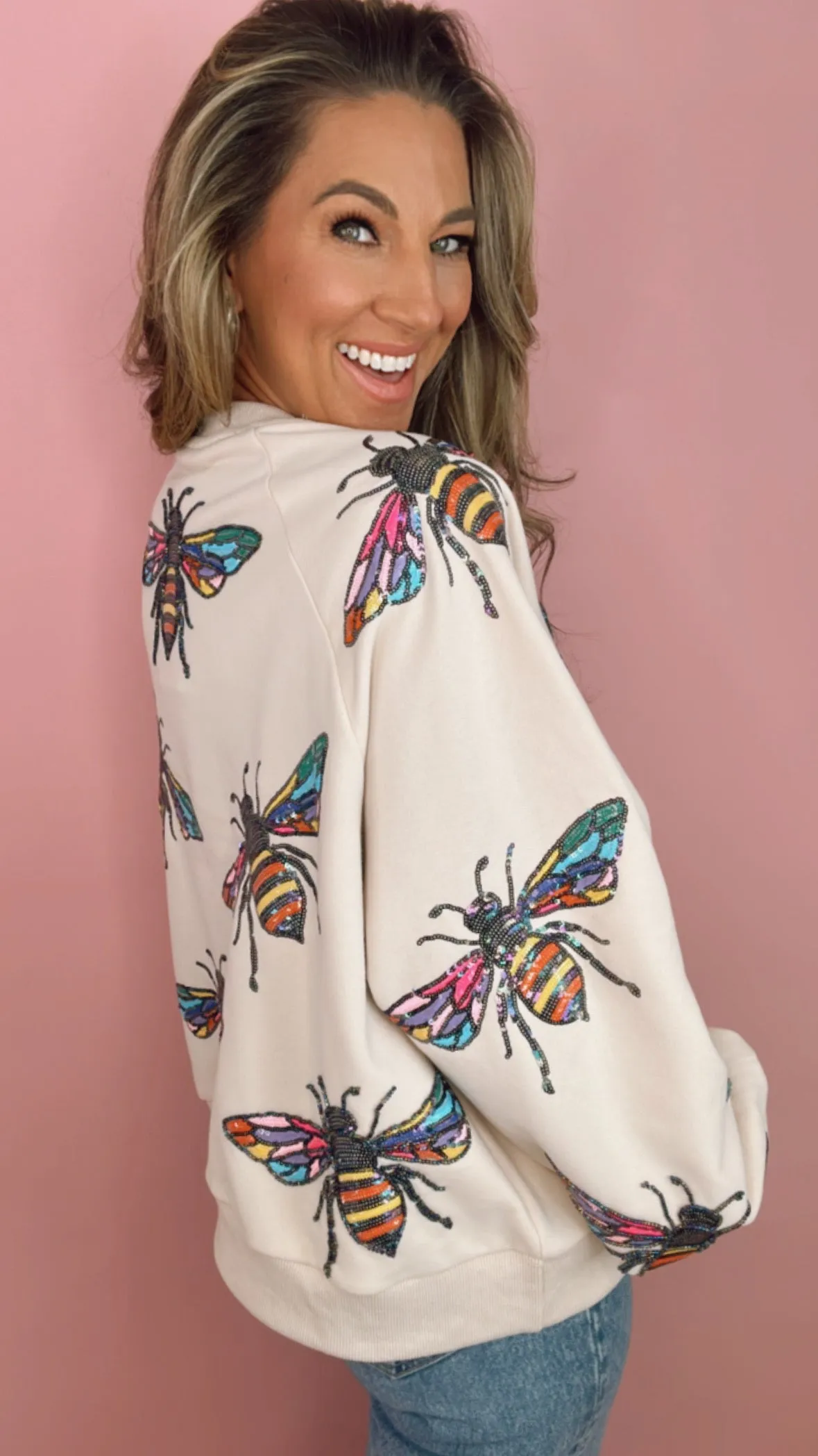 Queen of Sparkles Beige Scattered Bumble Bee Sweatshirt