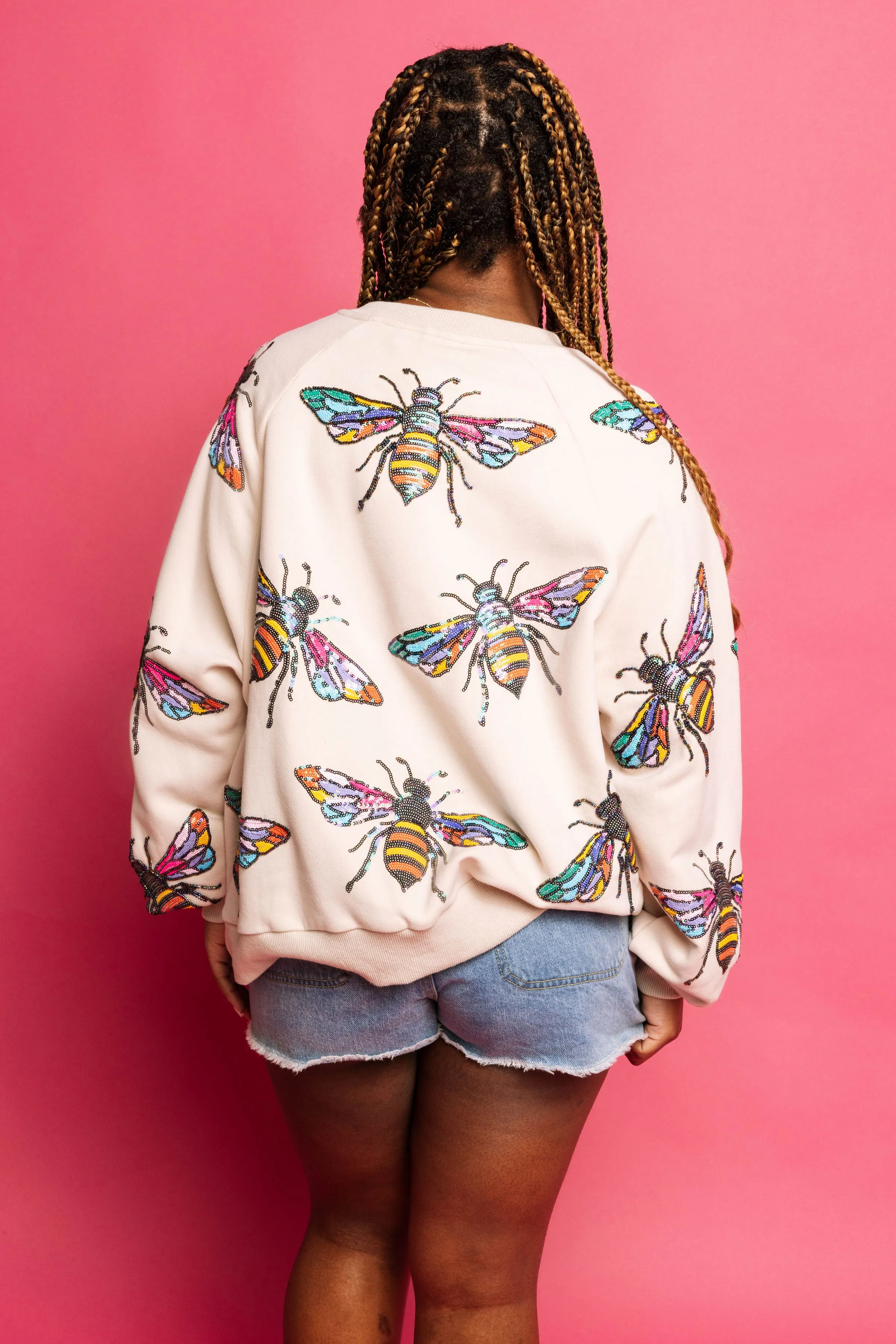 Queen of Sparkles Beige Scattered Bumble Bee Sweatshirt