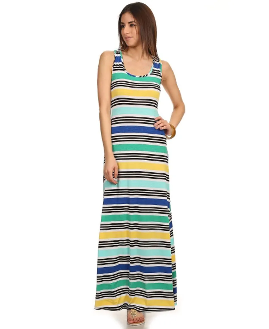 Racerback Maxi Dress Striped Yellow Blue Teal