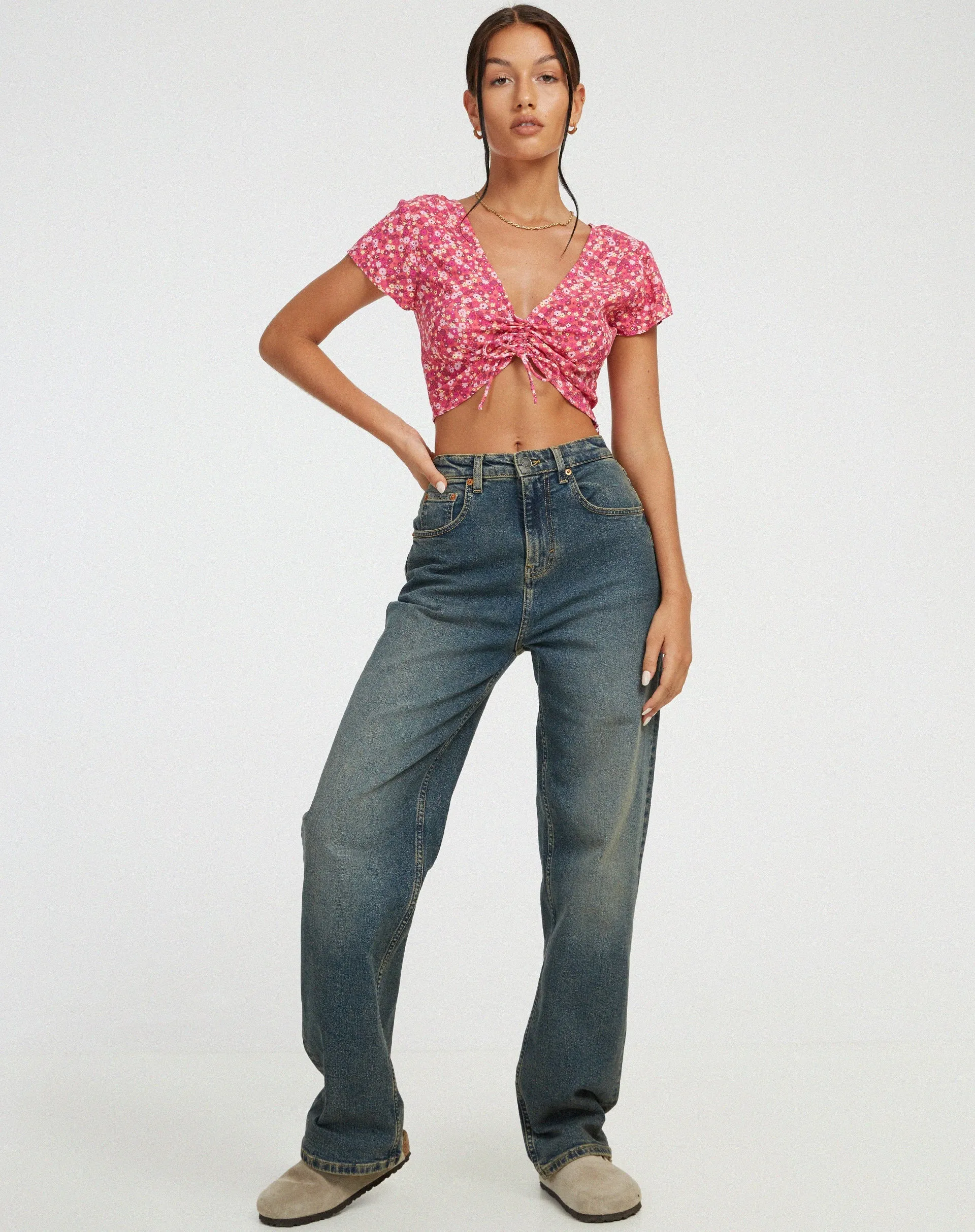 Raeto Crop Top in Ditsy Floral Pink