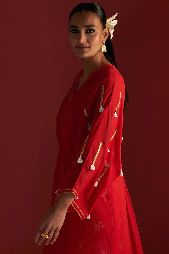 Red Gota Embroidered Kaftan With Slip