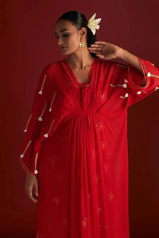 Red Gota Embroidered Kaftan With Slip
