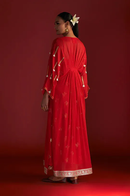 Red Gota Embroidered Kaftan With Slip