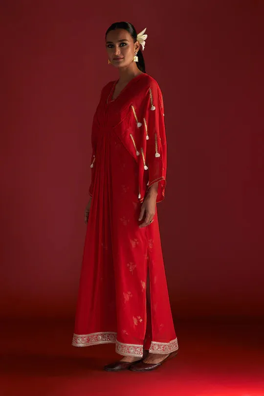 Red Gota Embroidered Kaftan With Slip
