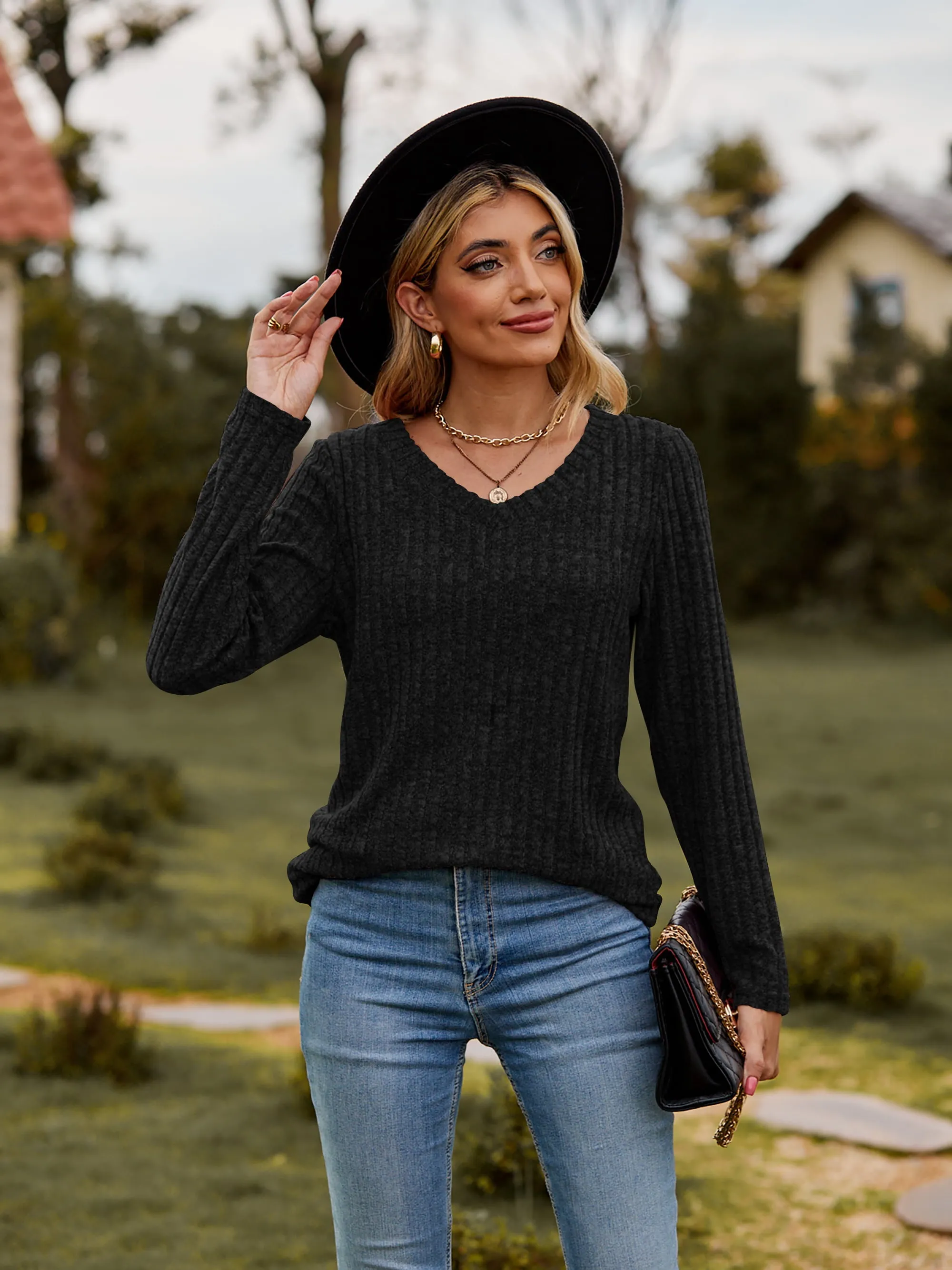 Ribbed V-Neck Long Sleeve Tee (7 Colors)