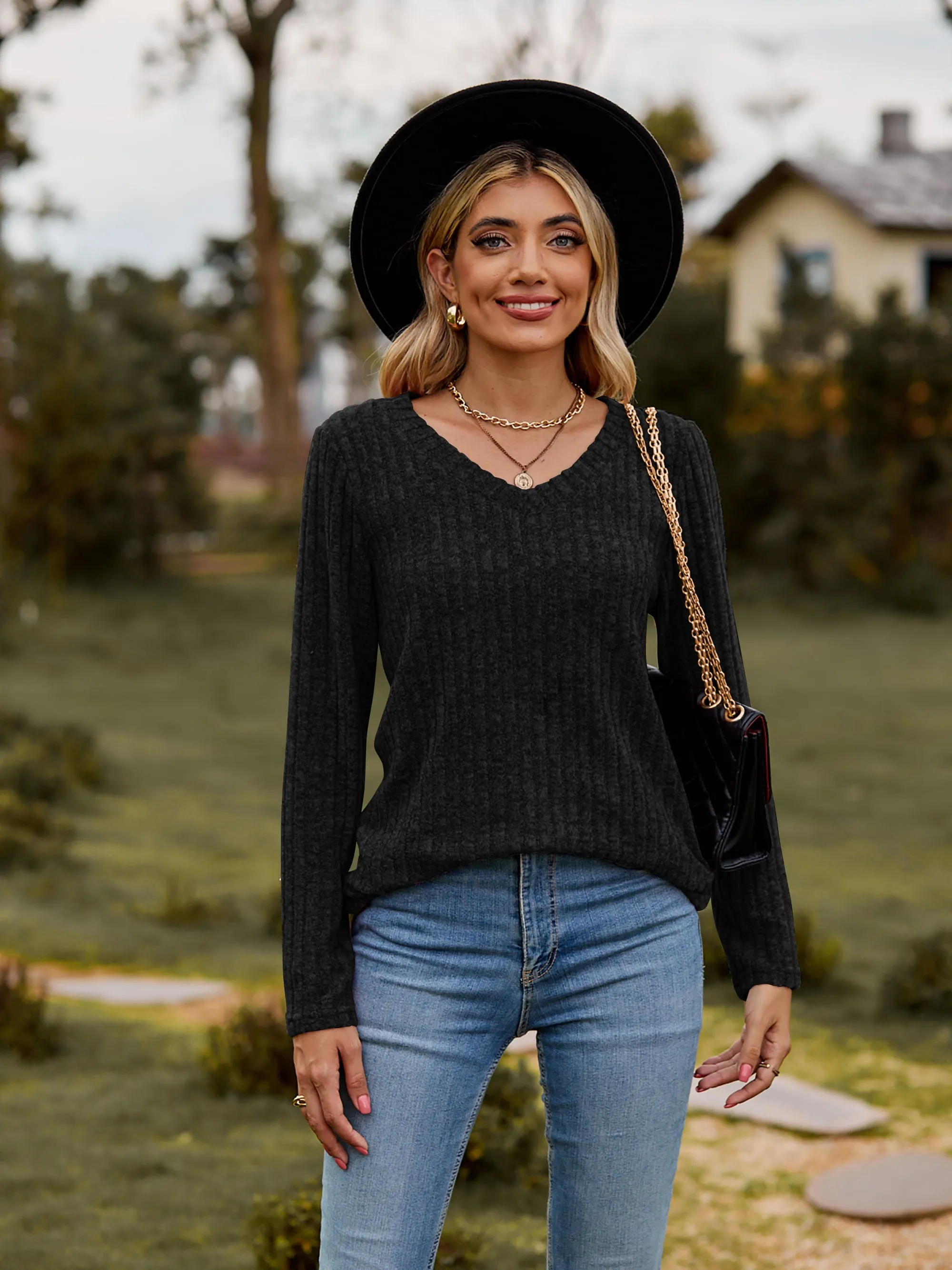 Ribbed V-Neck Long Sleeve Tee (7 Colors)