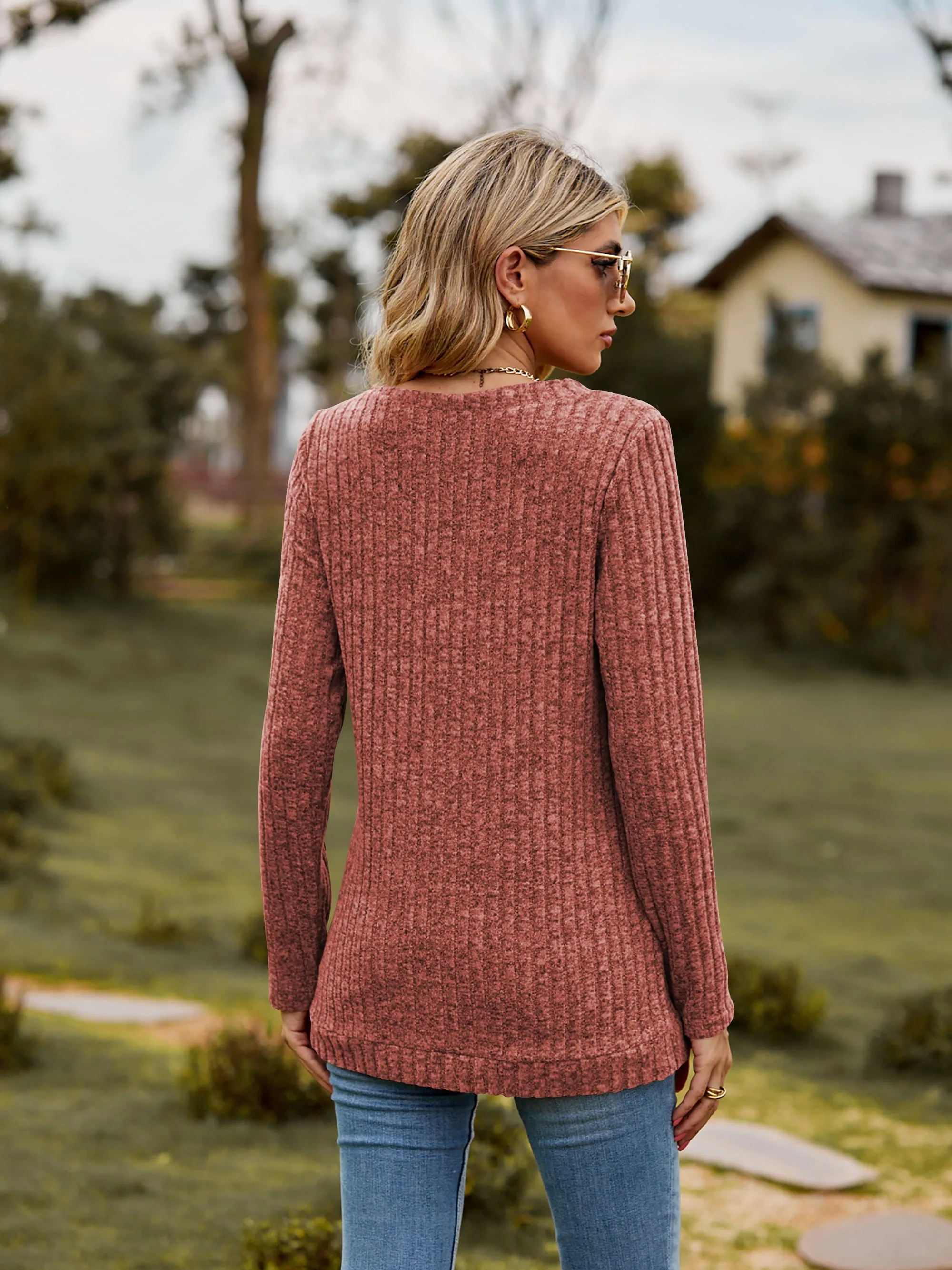 Ribbed V-Neck Long Sleeve Tee (7 Colors)