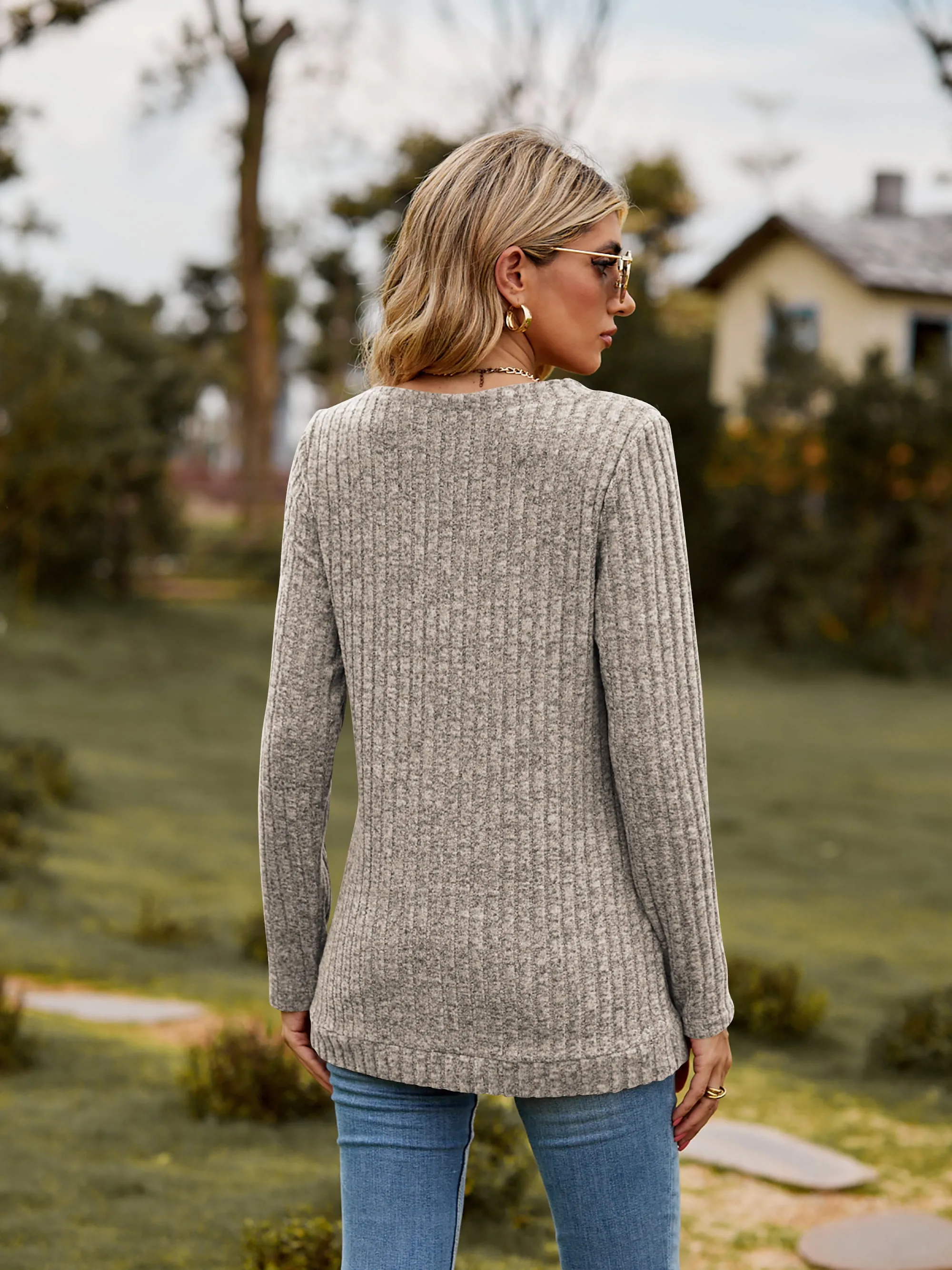 Ribbed V-Neck Long Sleeve Tee (7 Colors)