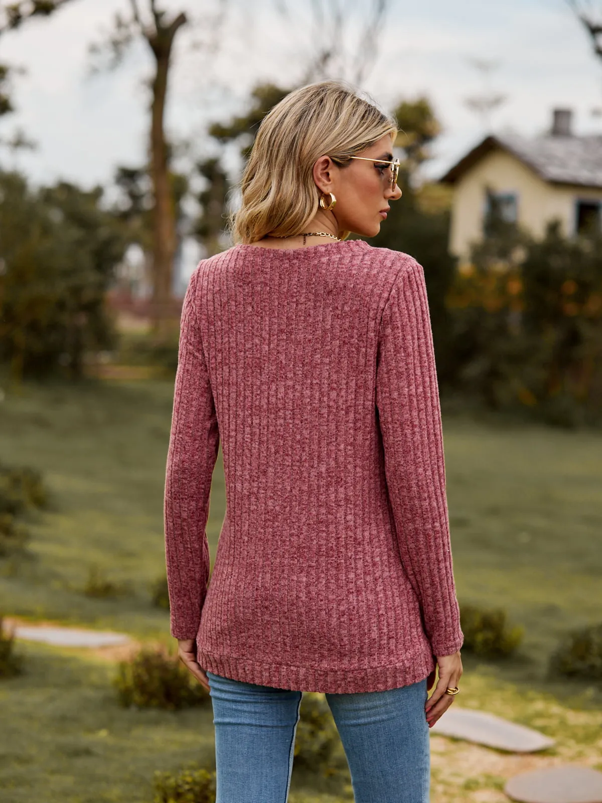 Ribbed V-Neck Long Sleeve Tee (7 Colors)