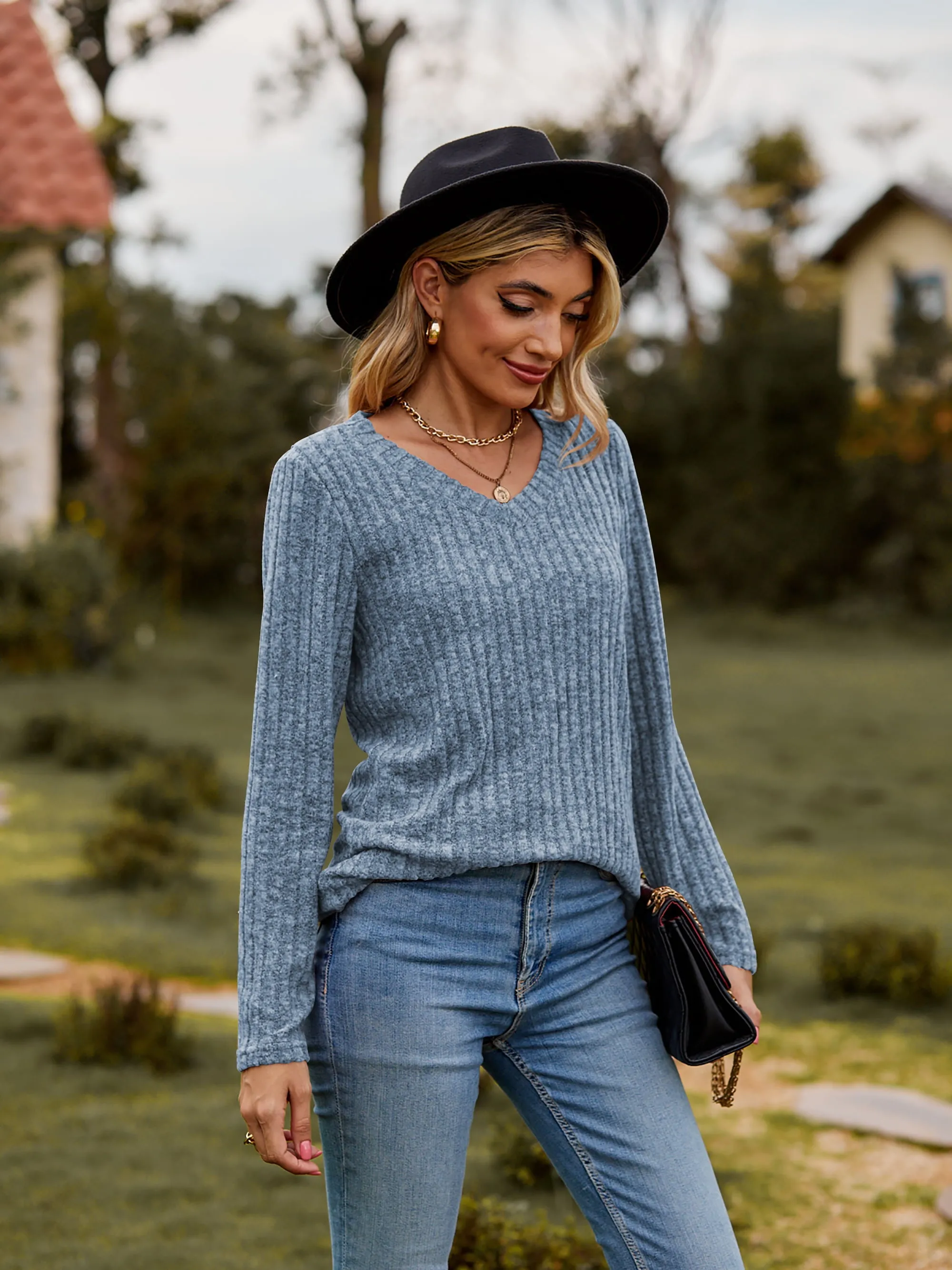 Ribbed V-Neck Long Sleeve Tee (7 Colors)