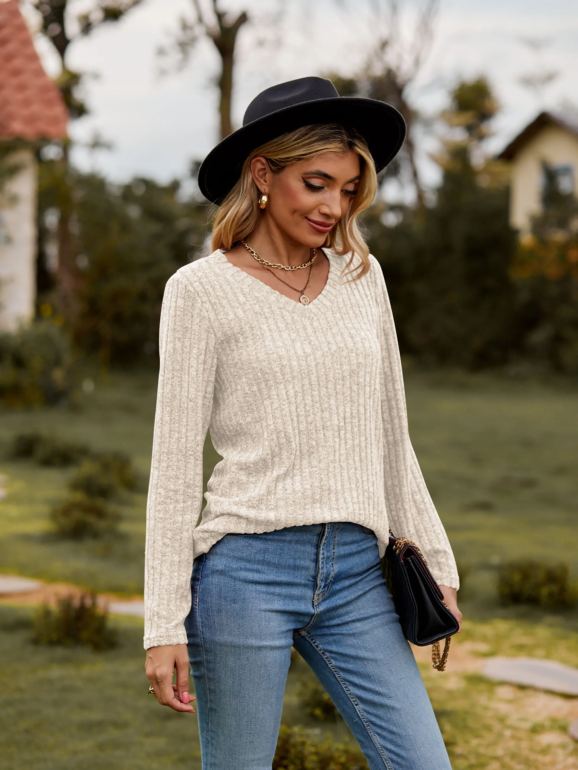 Ribbed V-Neck Long Sleeve Tee (7 Colors)
