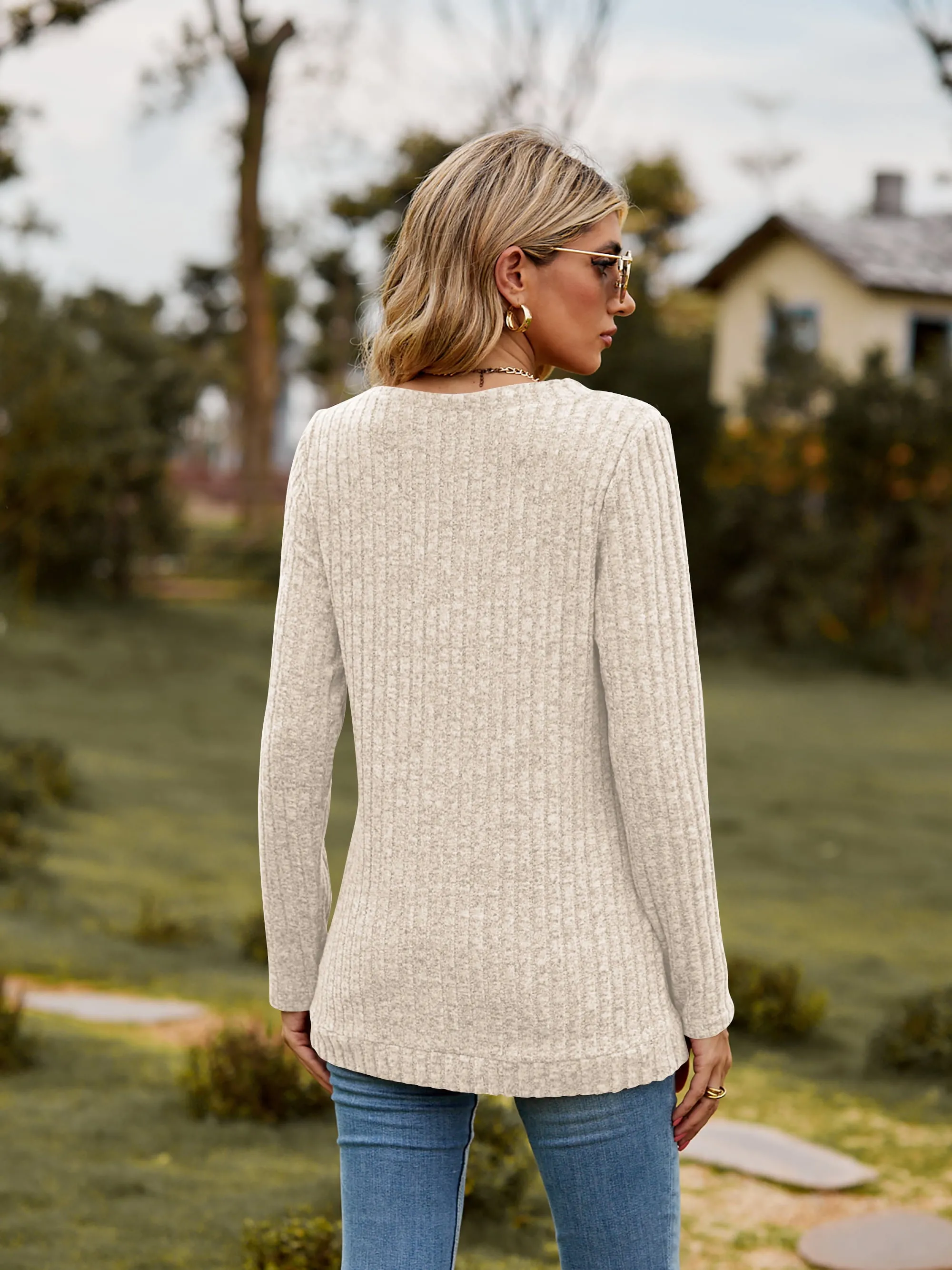 Ribbed V-Neck Long Sleeve Tee (7 Colors)