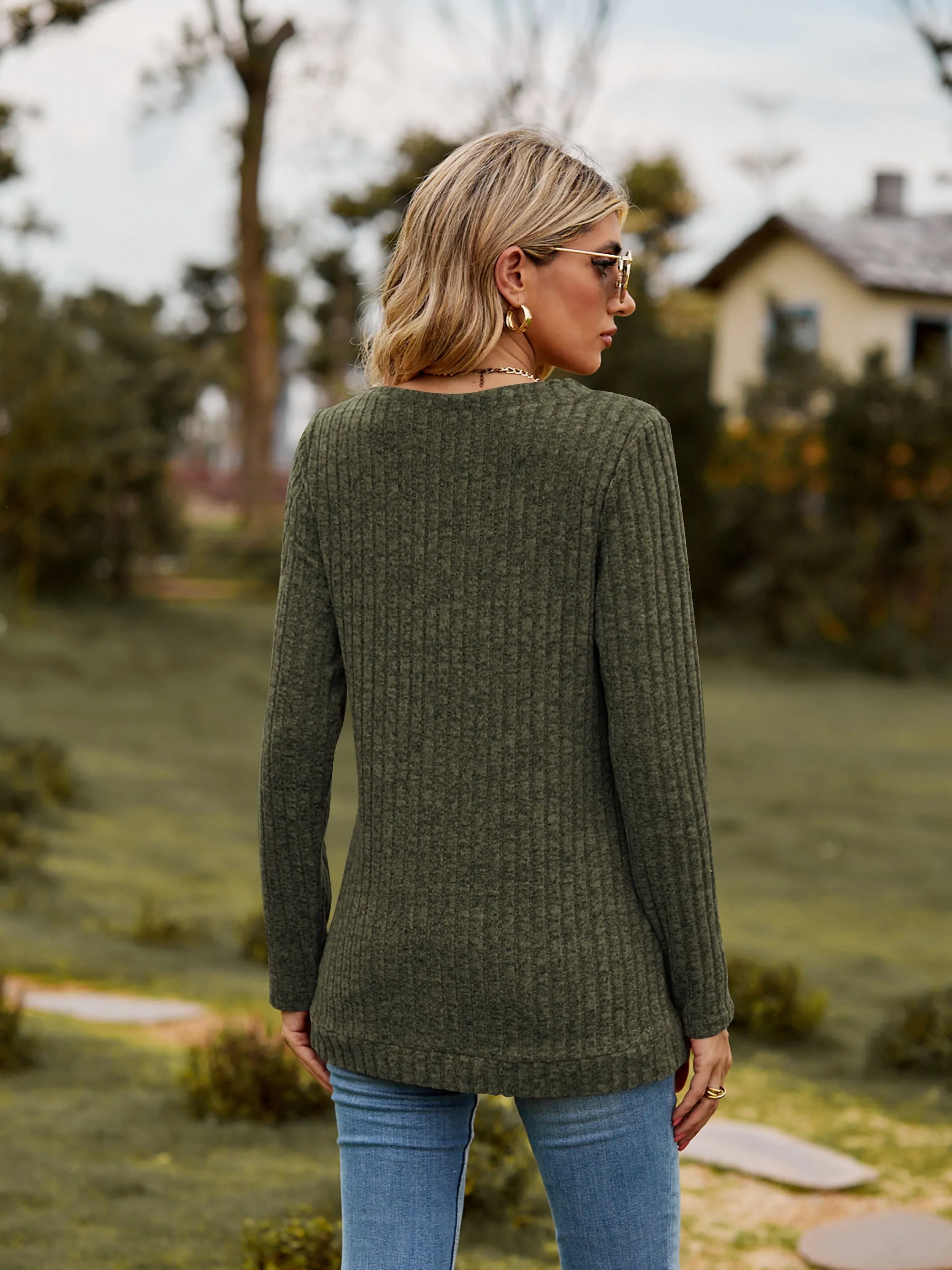 Ribbed V-Neck Long Sleeve Tee (7 Colors)