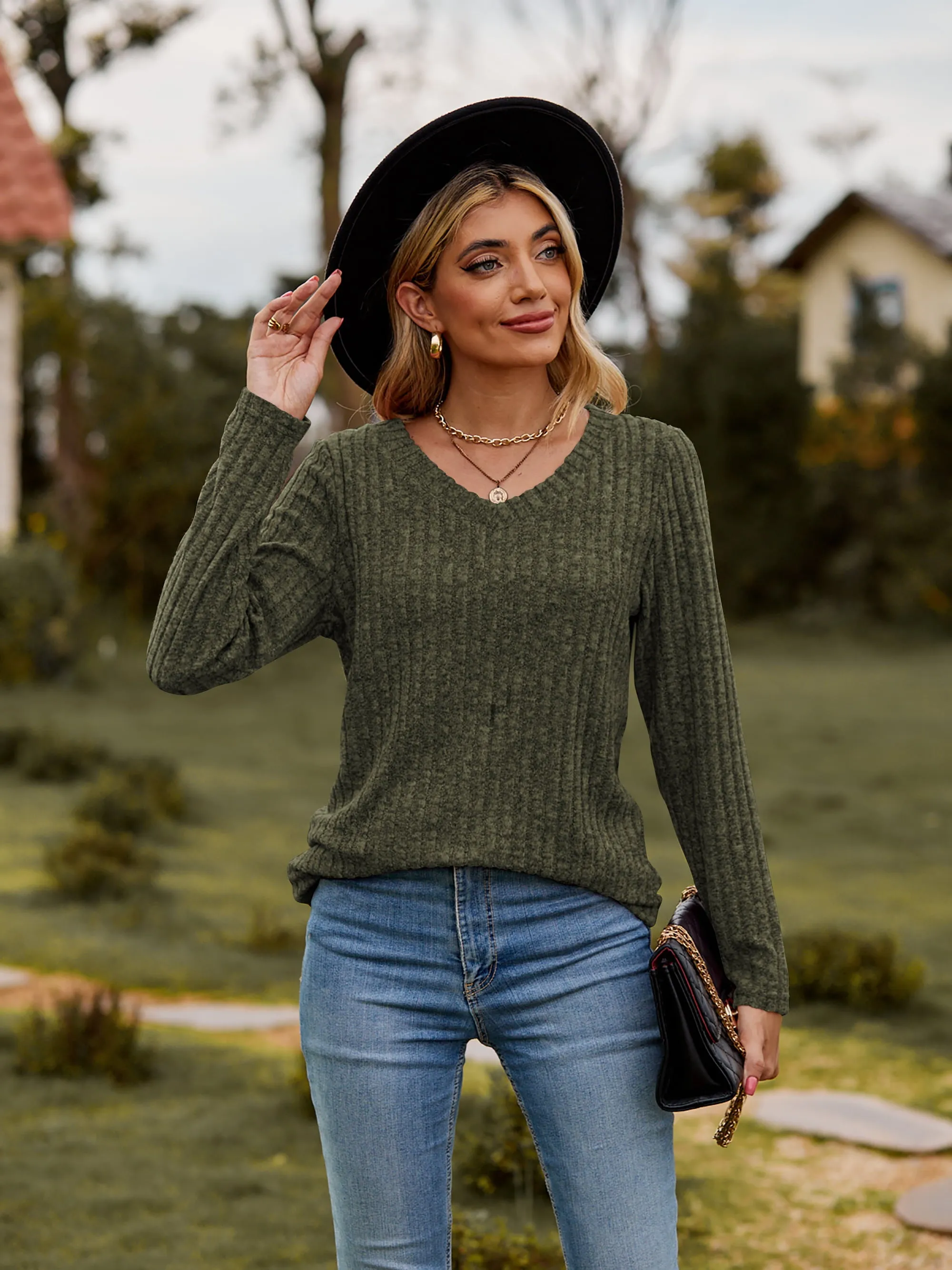 Ribbed V-Neck Long Sleeve Tee (7 Colors)