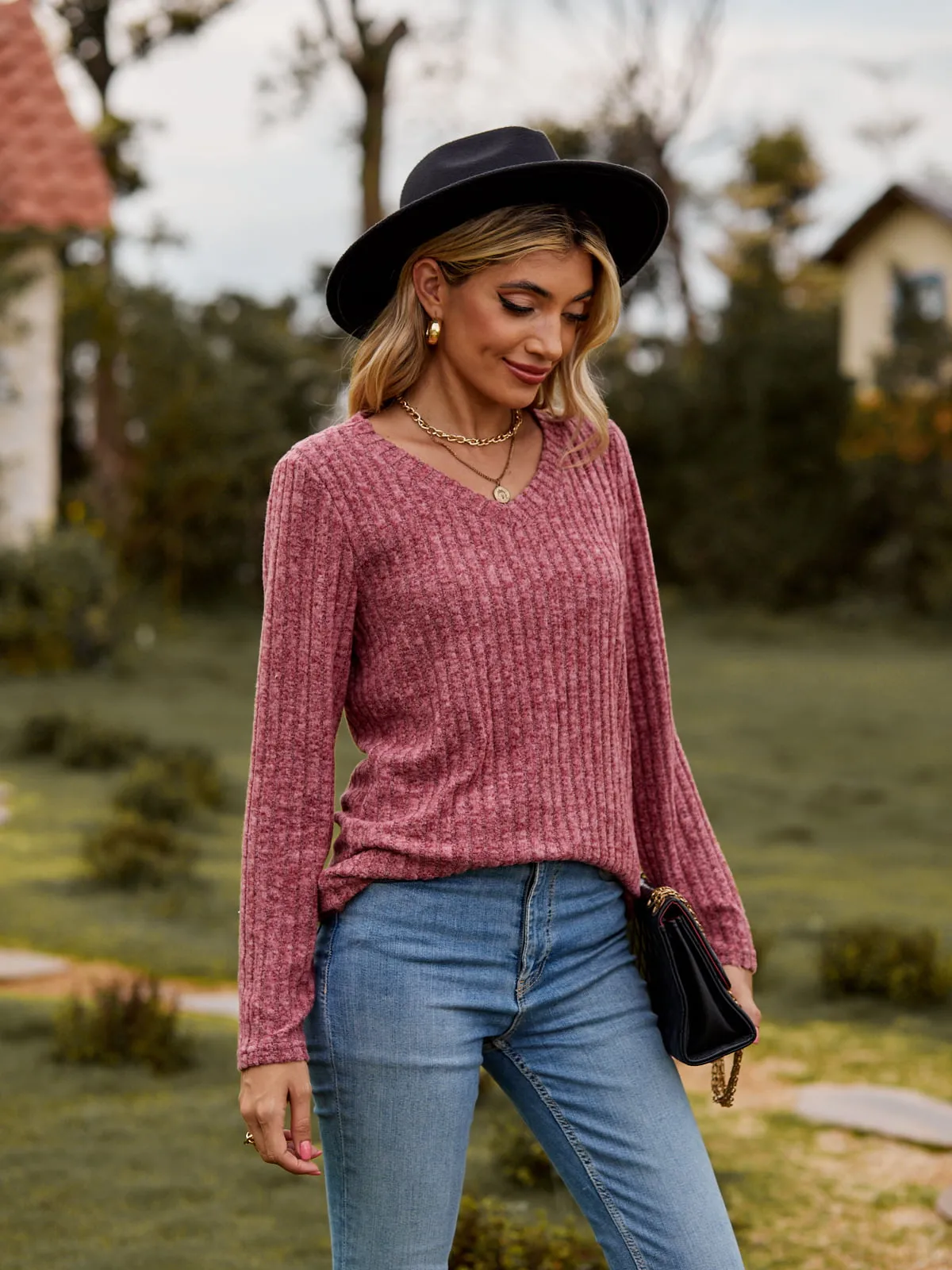 Ribbed V-Neck Long Sleeve Tee (7 Colors)
