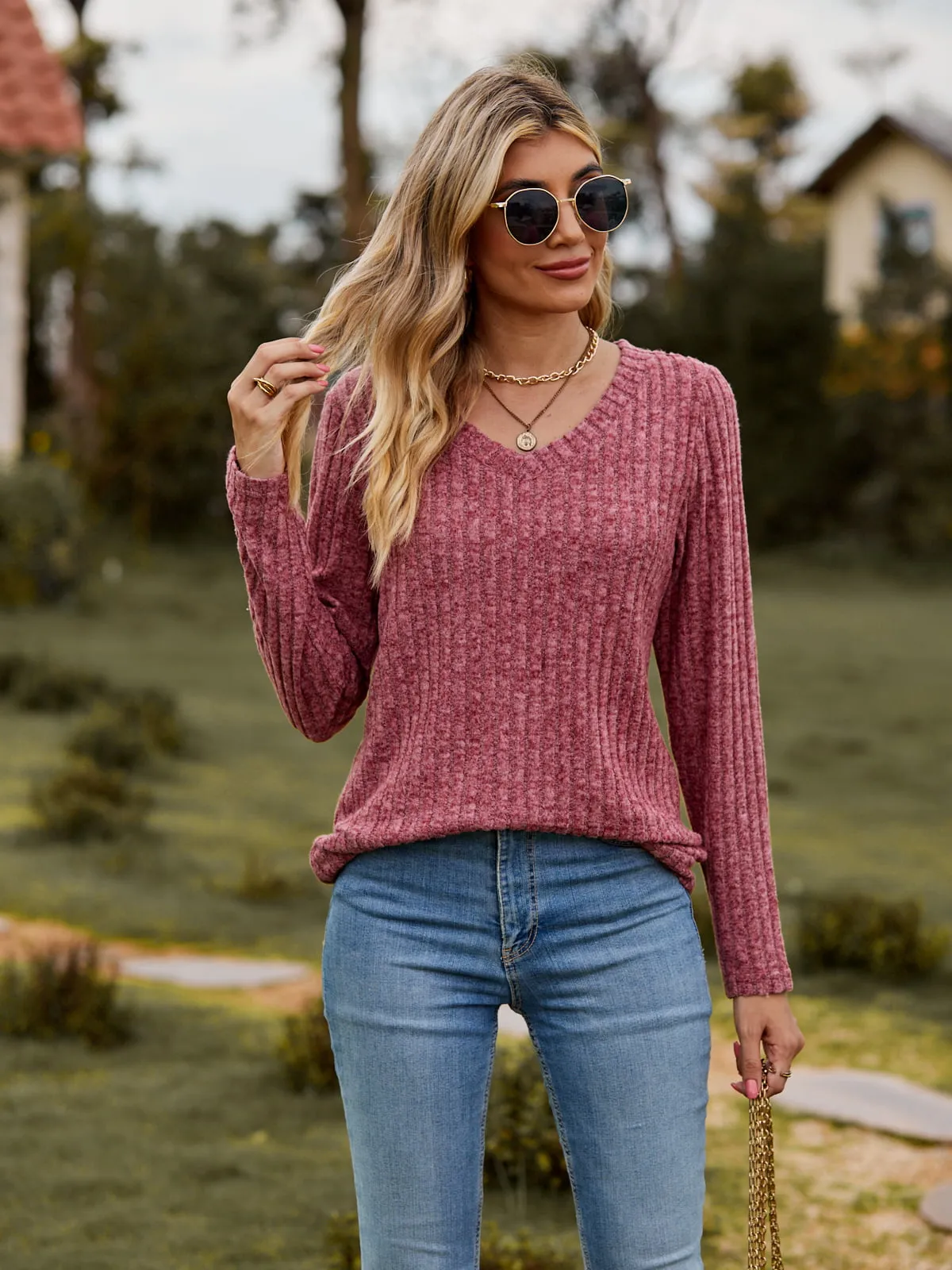 Ribbed V-Neck Long Sleeve Tee (7 Colors)