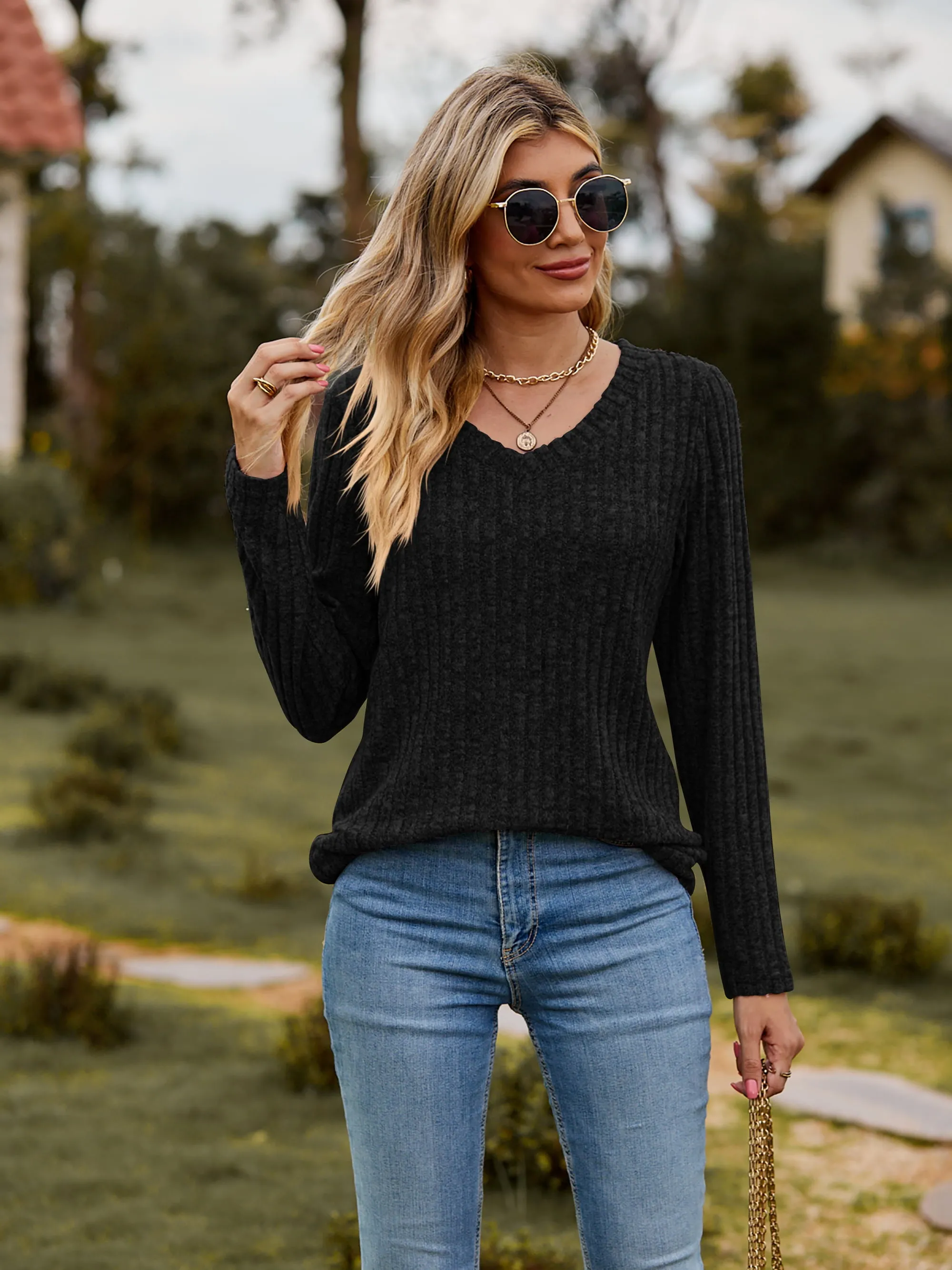 Ribbed V-Neck Long Sleeve Tee (7 Colors)